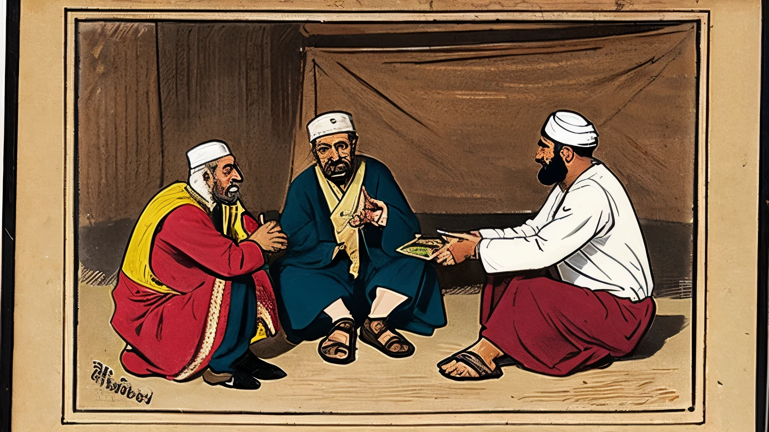 draw for me a picture of an Ottoman man talking to two beggars in ancient clothing in the Ottoman Empire
