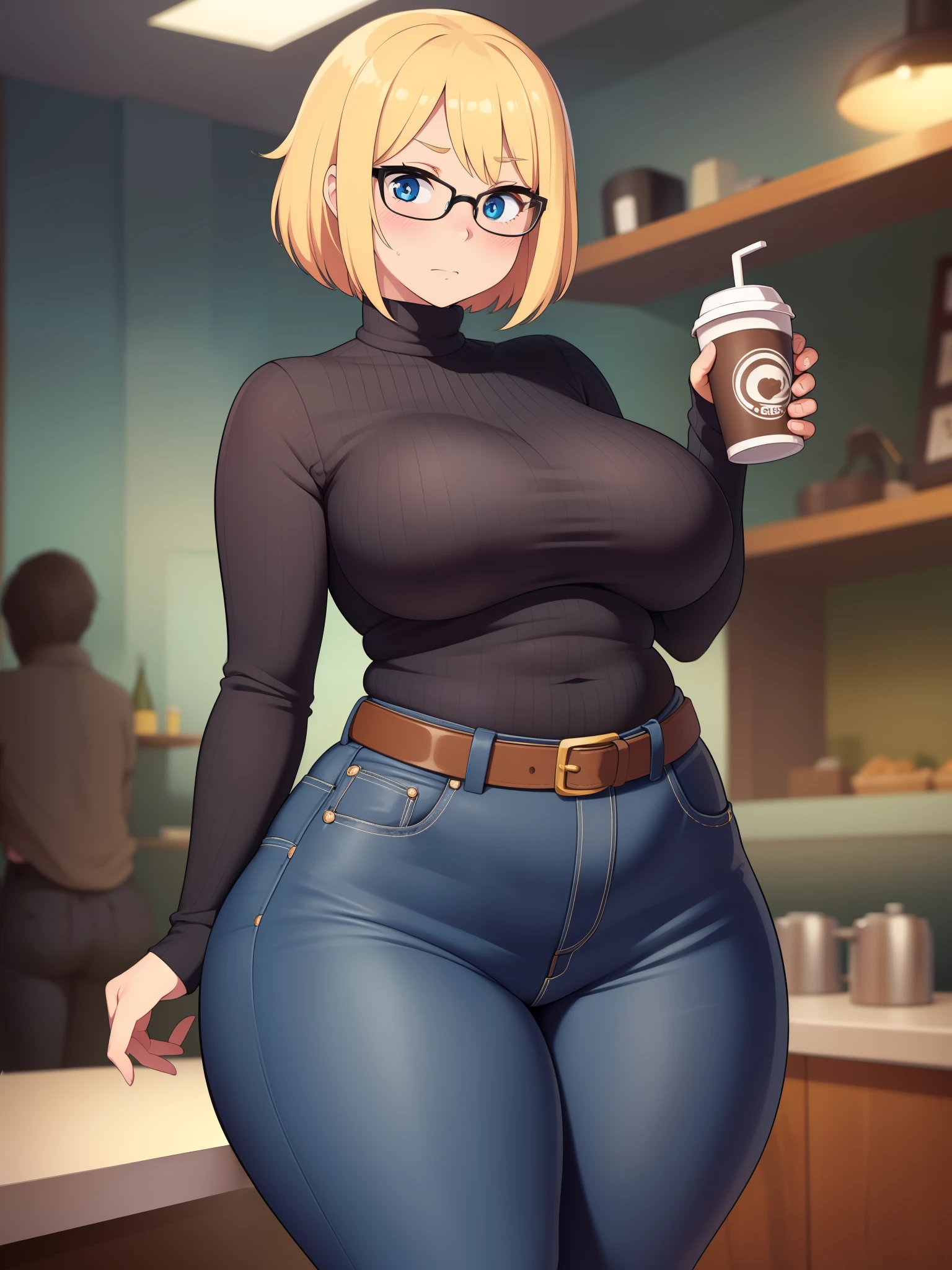 ((Masterpiece)), perfect anatomy, perfect shading, field of depth, (best quality), extremely delicate and beautiful, perfect lighting, detailed face, ultra cute face, cute, (cowboy shot 1.2), full body, (((1girl))), ((solo)), looking at viewer,
short hair, fluffy hair, blonde hair, blue eyes, Glasses, ((blush)), shy, nervous, (black turtleneck sweater 1.5), (jeans 1.2), belt, extremely tight clothes, medium breasts, ((wide hips)), ((thick thighs)), ((chubby)), belly bulge, belly hang,
coffee shop, intricate background, detailed background, hand on hip, holding coffee cup,