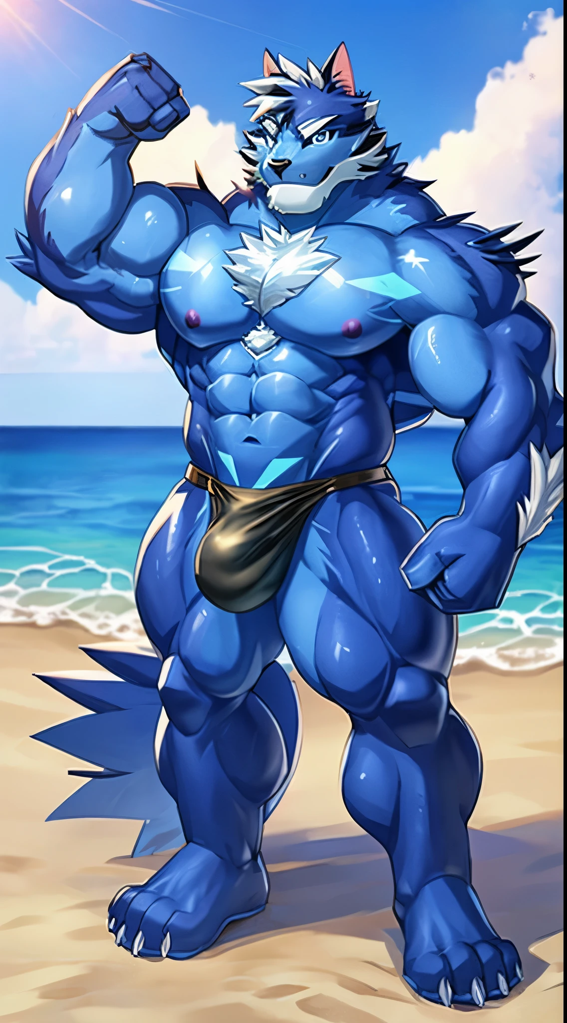 Posing on the beach。The sunlight was shining on my body。Watching from the front。Place your left arm with your biceps parallel to the ground.、He raises his fist to the height of his head and bends his elbow to form a bicep on his bicep.。His right arm is also bent so that his fist hits the right side of his waist.。The back is large and the body is shaped like an inverted triangle.。The chest is also trained、It is the size of an iron ball。nipples are raised。The lower limbs are stood with the toes slightly apart, with the feet apart.、Keep your bare feet firmly on the ground from the toes to the heel.。The thighs are also strong and strong like logs.。The upper body is completely naked and is not wearing anything.。The lower half of her body is wearing only a small, tight black thong.、He managed to hide his big erect cock.。There are blue lines on the left and right sides of the cloth string.。Every part of your body is trained。skin is oily and light。The eyes are drawn in detail。Her light blue, kind eyes are shining brightly and looking towards me.。