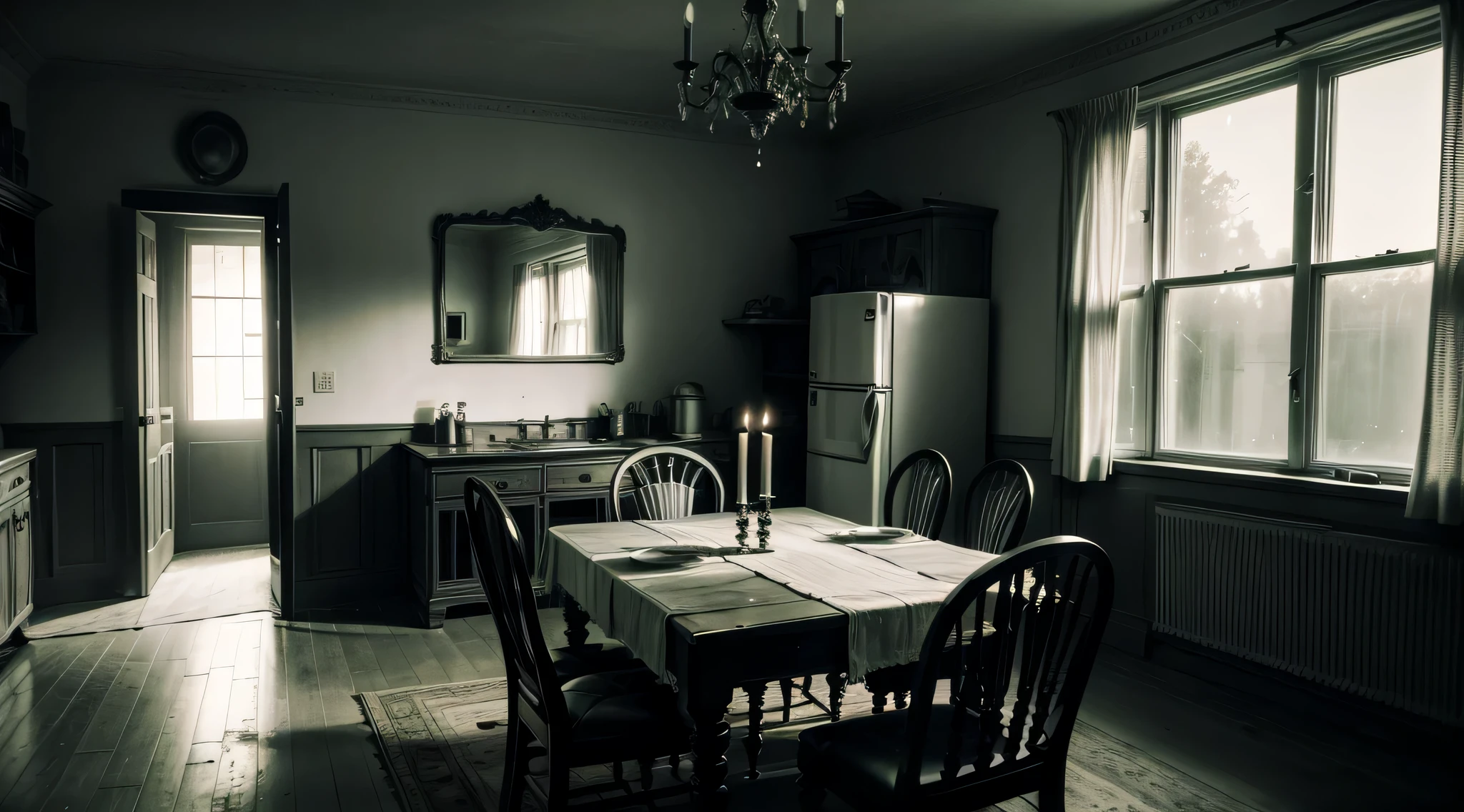 Generate an image depicting a haunting scene of a dining room within an old, decrepit house at night. Show the room enveloped in darkness, with no artificial light sources except for the eerie glow of the moon seeping through boarded-up windows. Illustrate tall, narrow windows covered in aged boards, barely allowing fragmented moonbeams to pierce through, casting irregular patterns of light and shadow across the room. Feature a worn dining table surrounded by antique chairs draped in dusty, tattered fabrics. Emphasize the contrast between illuminated patches and deep shadows, highlighting the aged furniture and faded decor under the ethereal moonlight. Convey a sense of foreboding and mystery, with the moon's glow revealing only fragments of the room's eerie interior.