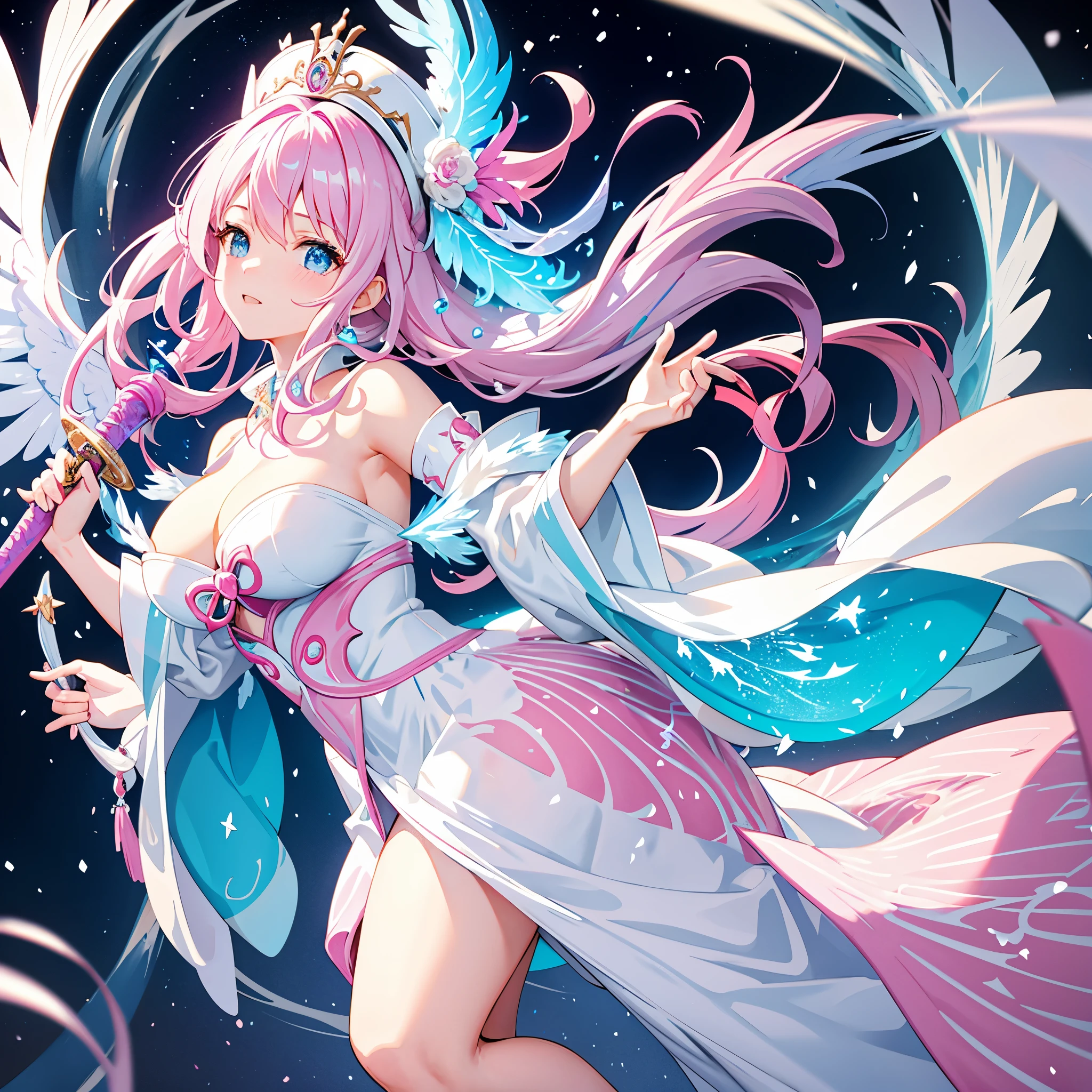 Pink and blue wavy hair and eyes,Wearing a white hat,Aloof princess,In a world with snow,She has the ability to control ,There are huge phoenix blue wings on the back,Wearing conservative white robes,Turn camera sideways,The gaze is cold,Holding sword behind back