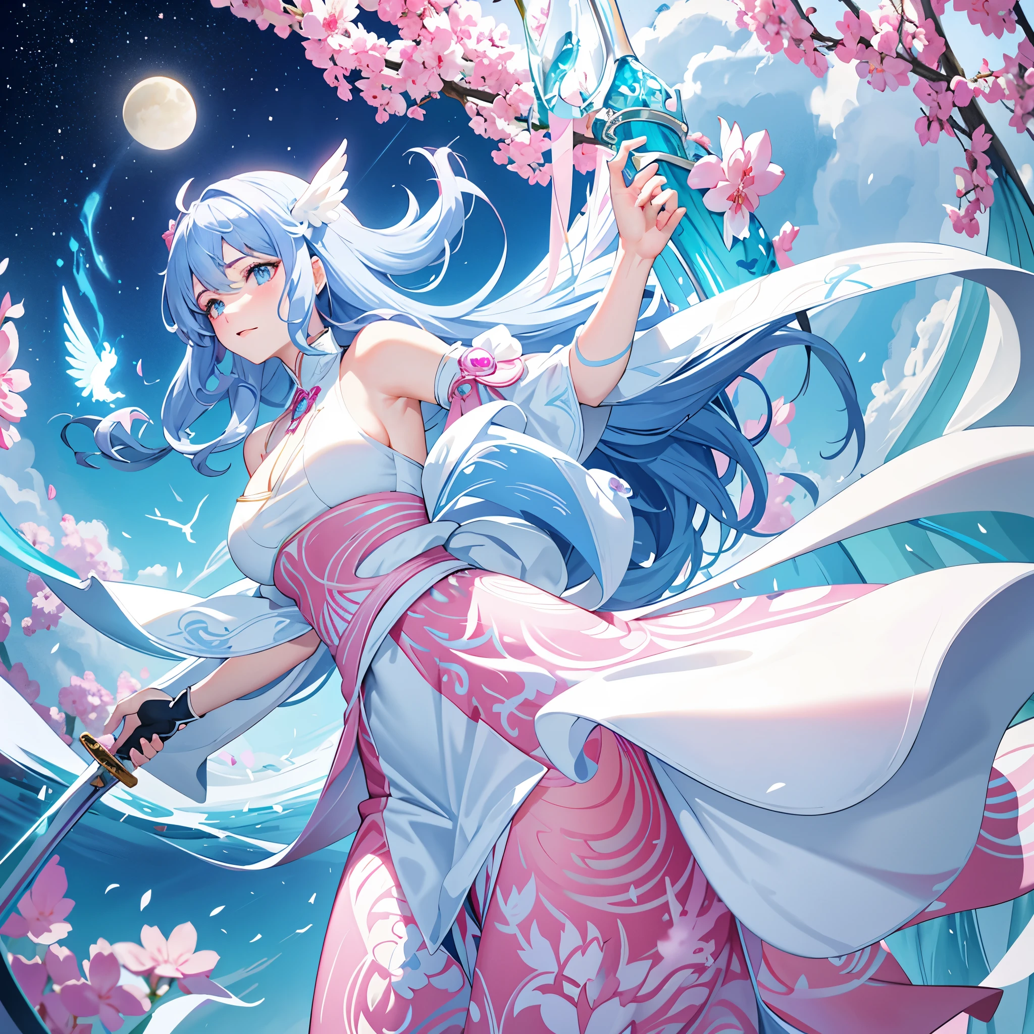 Pink and blue wavy hair and eyes，Wearing a white hat，Aloof princess，In a world with snow，She has the ability to control  ，There are huge phoenix blue wings on the back，Wearing conservative white robes，Turn camera sideways，The gaze is cold，Holding  sword behind back