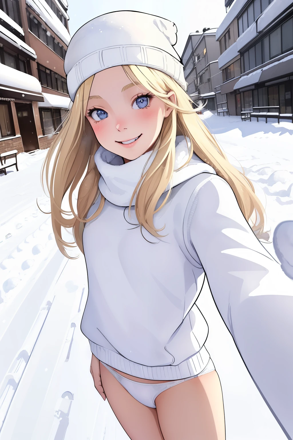 (superflat, flat shading, flat colors:1.1), (winter:1.2), (snow:1.2), (city street), 2girls, , schoolgirl, small breast, blonde hair, white sweater, white winter hat, (white panties:1.2), smile, blush, selfie, view from below, (low angle), winter, snow, bright sunlight, vibrant colors, best shadows, watercolor,