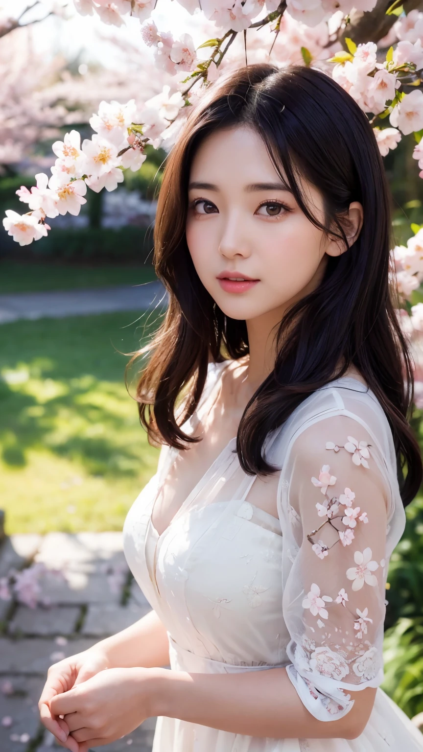 (A logo、​masterpiece、8K、masutepiece、Raw photo、Fantastic、Best Quality、フォトリアリスティックでighly detailedな CG 統合 8k 壁紙、hightquality、ighly detailed、epic poem、Particle effect、Dynamic effects、depth of fields、Cinematic Light、Lens Flare、Ray tracing)、Fantasia、 (Beauty 1 person、doress、Dress、Cherry blossom pattern、A dark-haired、Beautiful face、Real Face、beautiful details eyes beautiful skin)、髪がthe windで踊る、Hair flutters in the wind、Hair jumps、Pink cherry blossom tree、Petals flutter、Sakura blizzard、Superb view、morning glow、Sun in the background、the wind、