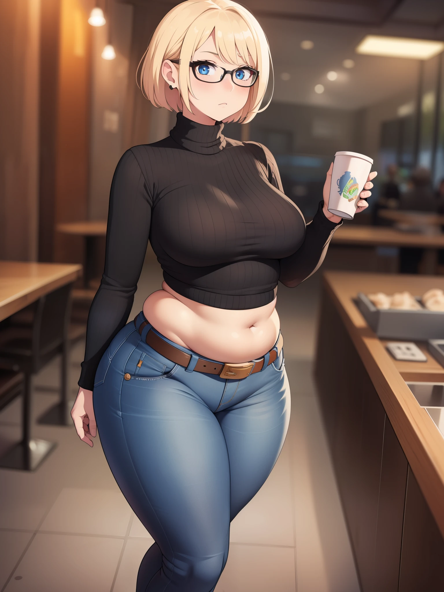 ((Masterpiece)), perfect anatomy, perfect shading, field of depth, (best quality), extremely delicate and beautiful, perfect lighting, detailed face, ultra cute face, cute, (cowboy shot 1.2), full body, (((1girl))), ((solo)), looking at viewer,

short hair, fluffy hair, blonde hair, blue eyes, Glasses, ((blush)), shy, nervous, (black turtleneck sweater 1.5), (jeans 1.2), belt, extremely tight clothes, medium breasts, ((wide hips)), ((thick thighs)), ((chubby)), belly bulge, belly hang,

coffee shop, intricate background, detailed background, hand on hip, holding coffee cup,