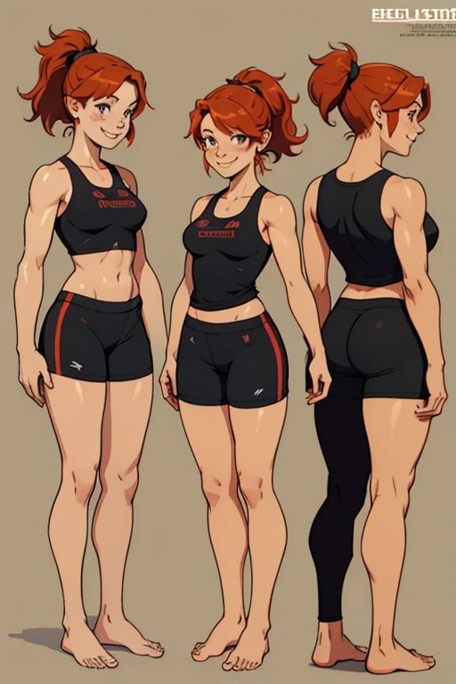Character reference sheet of a beautiful smiling freckled redhaired barefoot woman in short black sportsgear, short messy ponytail.