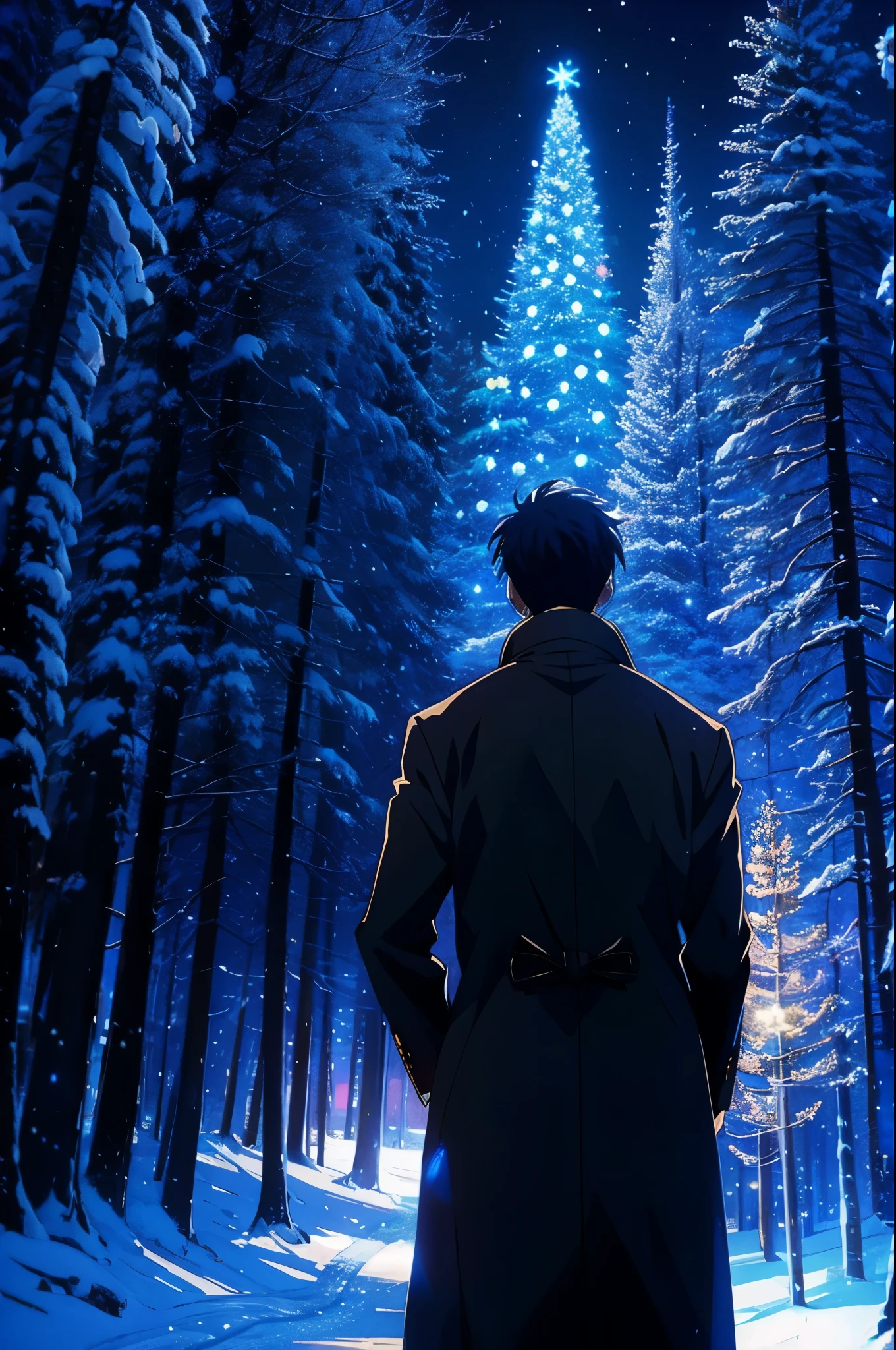 anime man in coat, christmas lights, dim lights, magic winter forest, ice, snowflakes, top-quality