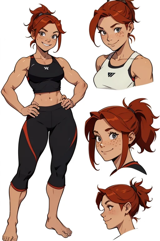 Character reference sheet of a beautiful smiling freckled redhaired barefoot woman in short black sportsgear, short messy ponytail.