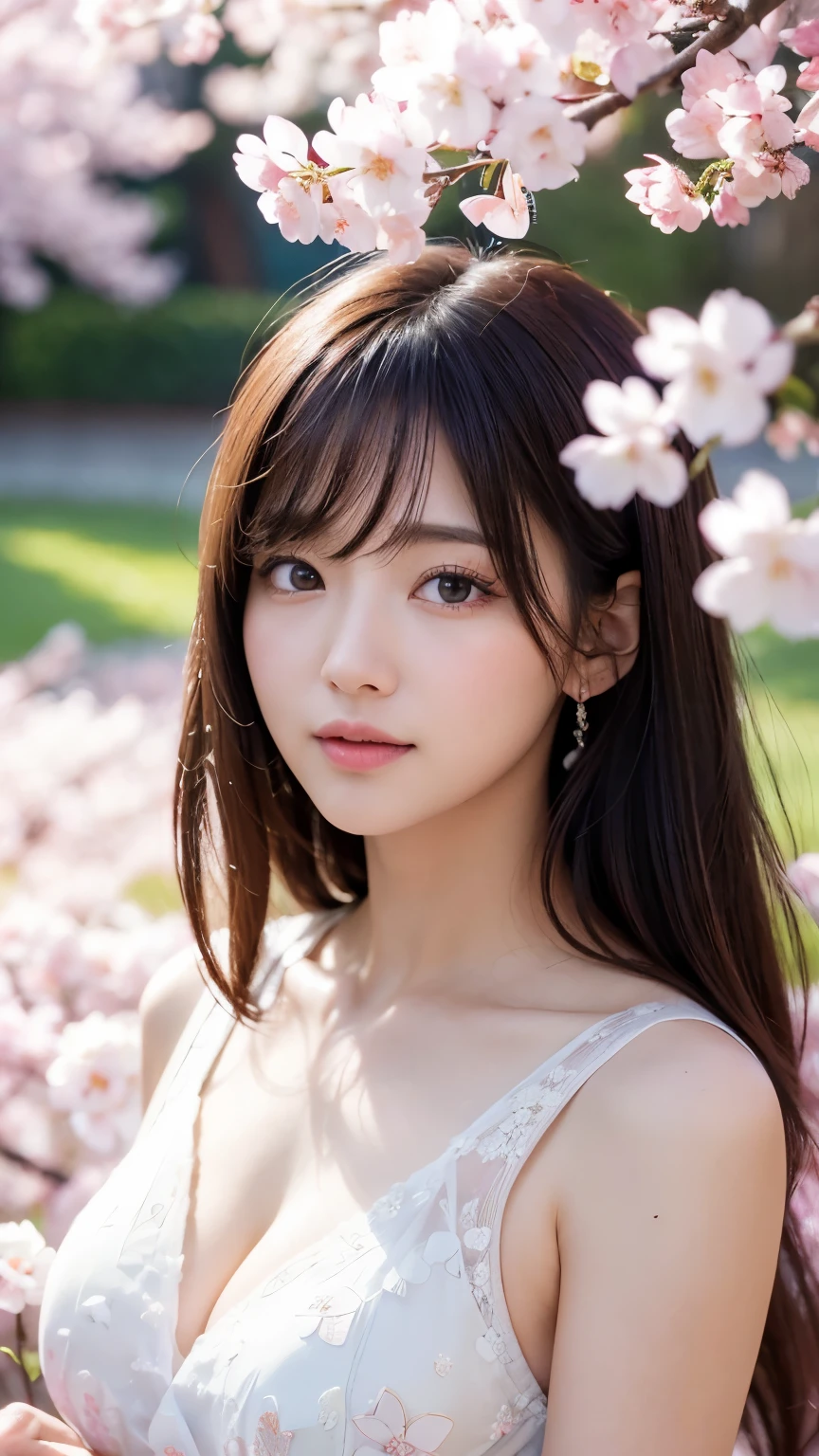 (A logo、masterpiece、8K、masutepiece、Raw photo、Fantastic、Best Quality、フォトリアリスティックでighly detailedな CG 統合 8k 壁紙、hightquality、ighly detailed、epic poem、Particle effect、Dynamic effects、depth of fields、Cinematic Light、Lens Flare、Ray tracing)、Fantasia、 (Beauty 1 person、doress、Dress、Cherry blossom pattern、A dark-haired、Beautiful face、Real Face、beautiful details eyes beautiful skin)、髪がthe windで踊る、Hair flutters in the wind、Hair jumps、Pink cherry blossom tree、Petals flutter、Sakura blizzard、Superb view、morning glow、Sun in the background、the wind、