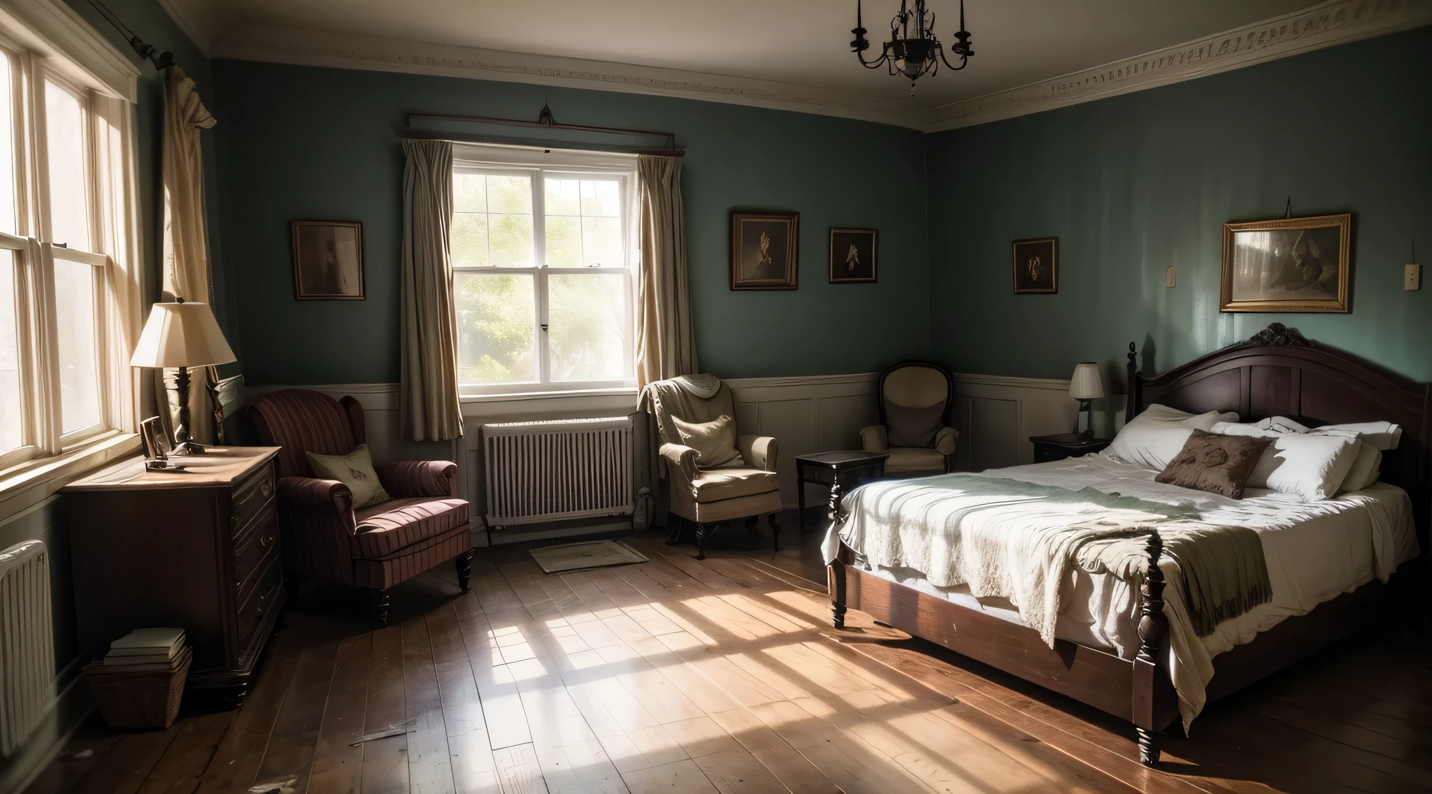 Generate an image depicting a bedroom within an aged, possibly eerie house. Show weathered wooden floors, faded wallpaper, and antique furniture draped in dusty covers. Feature a creaky bed with tattered linens, aged bedside tables with old-fashioned lamps, and cracked windows allowing dim light to filter in. Illustrate portraits or old paintings hanging askew on the walls, casting eerie shadows in the room. Capture a sense of history and mystery within the space, hinting at forgotten stories and past lives amidst the faded surroundings.