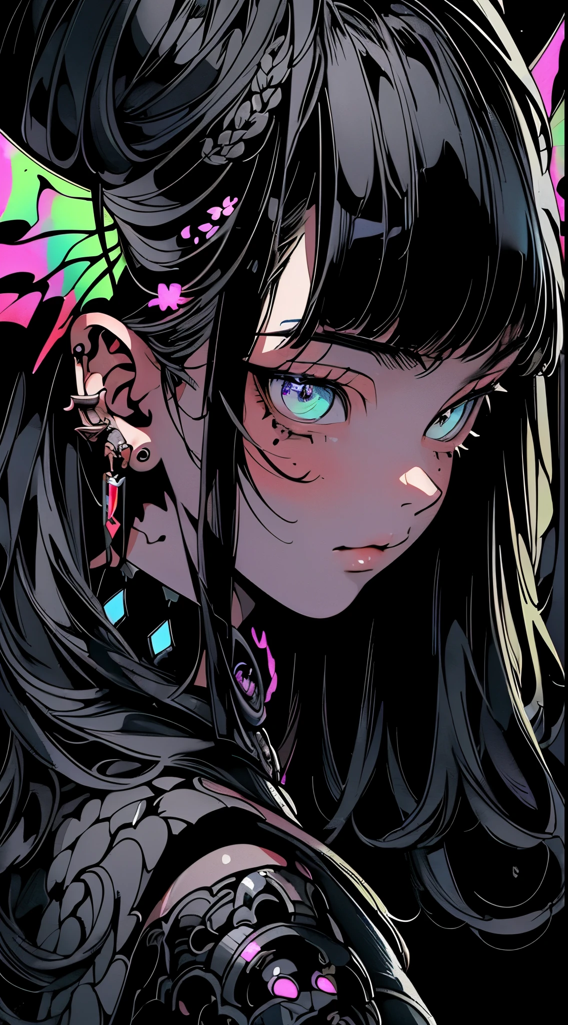 ((masterpiece)),((ultra-detaile)),(highest quality),8k-Anime-style detailed plant girl,ink,ink water,ink,((machine angel)),wing,dark,deep Black-color,plant,Black-colored flower,1 person,detailed face,detailed full body,close-up,(ultra-detailed mechanical body),(machine limbs),(ultra-definition painting),,neon effect,(very beautiful),God drawing,8K resolution,accurate depiction,ultra-detailed whole body,very cute face,near future,8K wallpaper,detailed eyes,detailed hair,long hair,Precise and beautiful hair,dense world view,dark base color and vivid color scheme,precise mechanical hands,glaring,radiating an ethereal aura,precise background,geometry Gaku tattoo,cinematic,high precision,cyberpunk,elaborate,beautiful graphics,commitment,metallic tone,dark,detailed background,glossy,wide shot,shining dark neon,luminism,perfect anatomy,highlights,precise structure