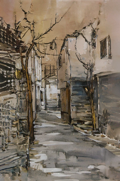 Rua deserta, beco iluminado por postes, At the end of the alley you see a lonely tree, sem folhas. Monochrome watercolor style (tona de cinza) e bico de pena com nanquim.