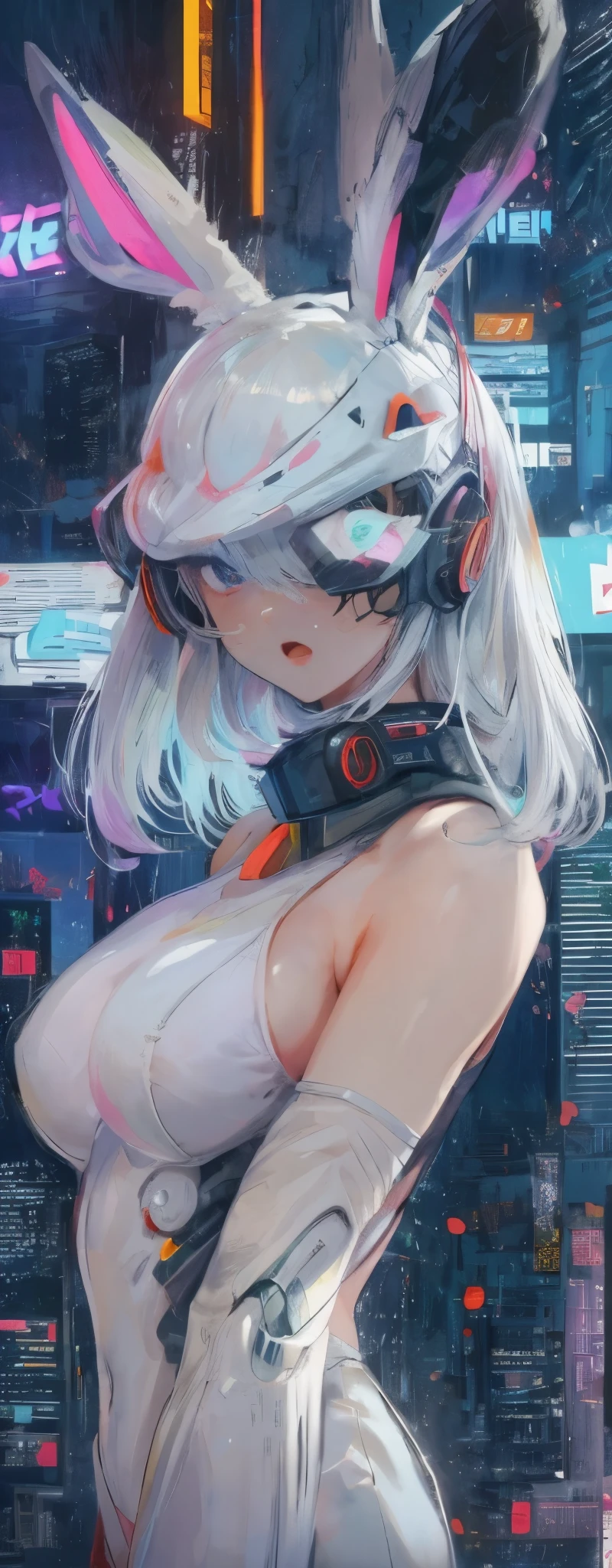 1 Girl, Skin-Tight Body-suite, White Body-Suite, Mecha-Bunny Ears, ((wearing cybernetic Visor as Eye-Wear)), Gadgets, (cyberpunk city background at night), Japanese scene