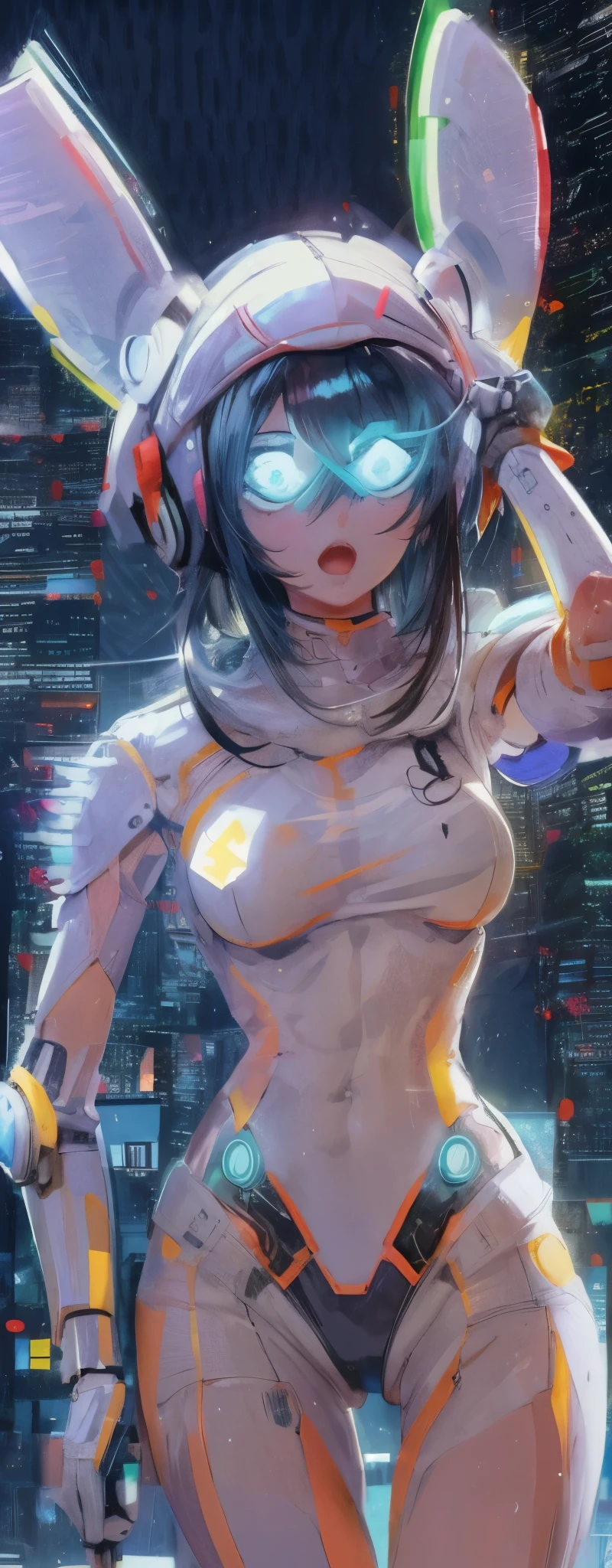 highest quality、complete limbs、full finger、1 beautiful woman、Beauty busty woman:1.3、black haired woman、big smile、((Hairstyle with middle parting:1.3))、straight hair woman、((White Cyber Suit:1.5))、Smooth cyber suit、skyscrapers at night、((fighting stance:1.5))