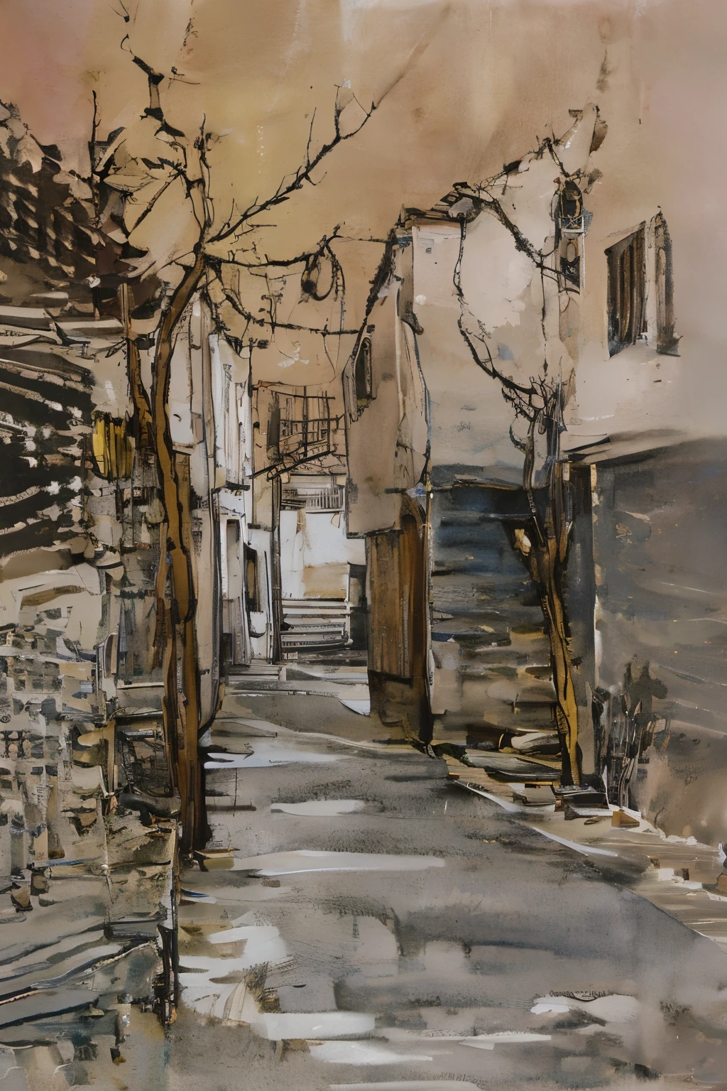 Rua deserta, beco iluminado por postes, At the end of the alley you see a lonely tree, sem folhas. Monochrome watercolor style (tona de cinza) e bico de pena com nanquim.