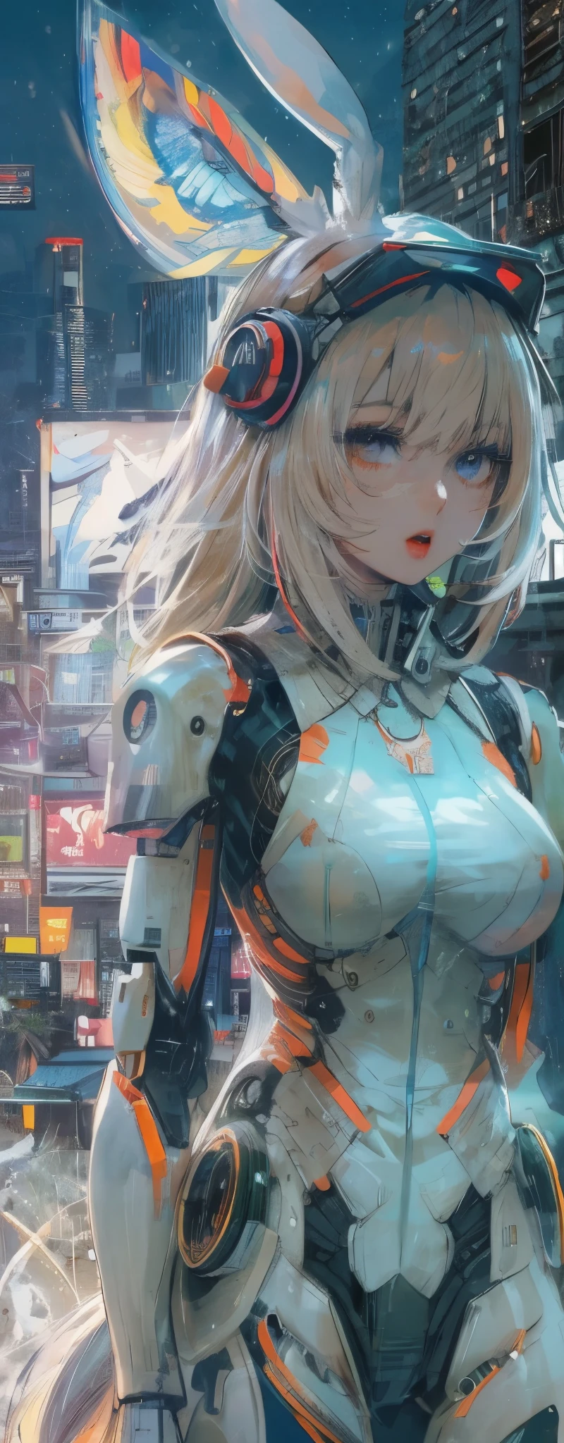 1 Girl, Skin-Tight Body-suite, White Body-Suite, Mecha-Bunny Ears, ((wearing cybernetic Visor as Eye-Wear)), Gadgets, (cyberpunk city background at night), Japanese scene