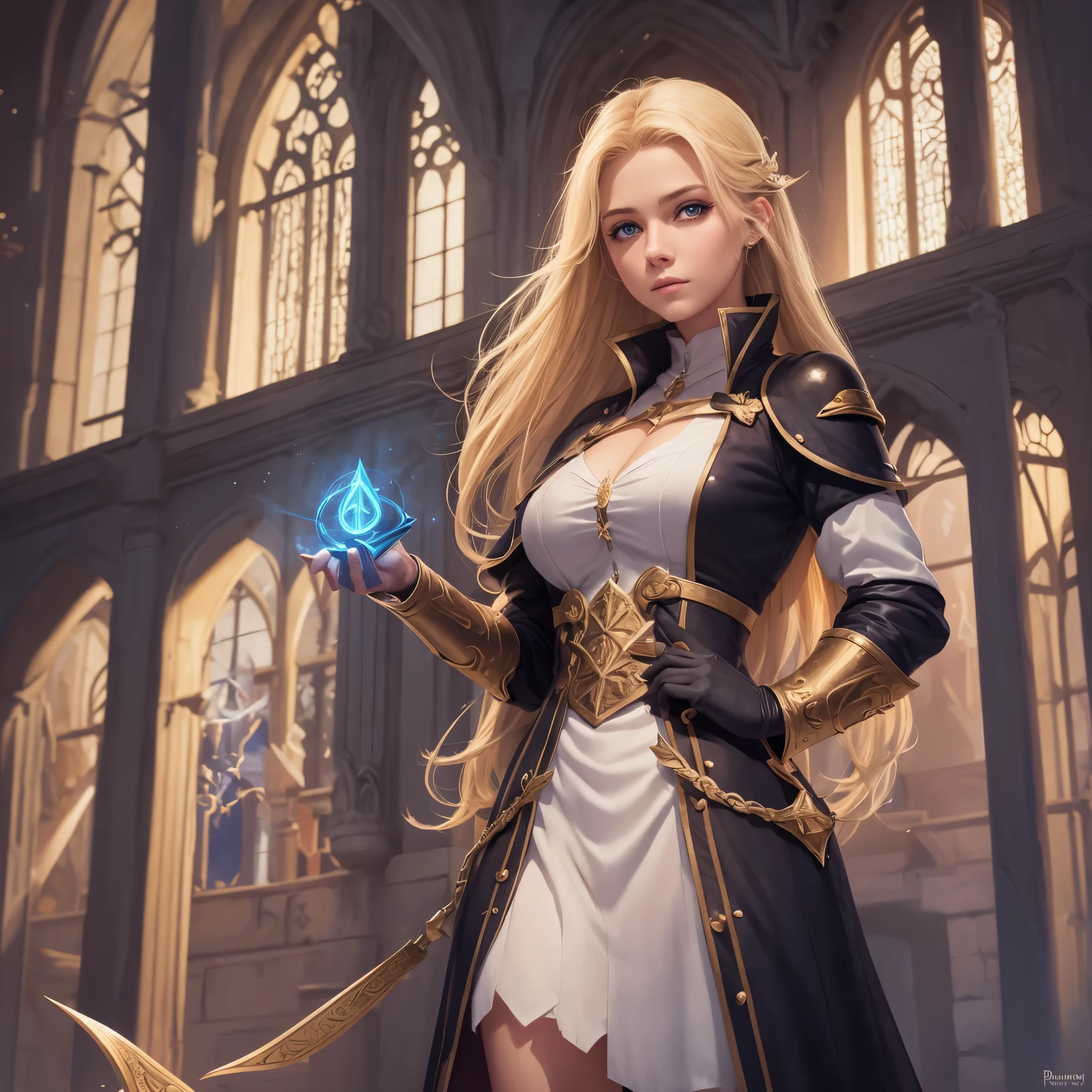 Noble blonde twenty years old female, European female, mage apprentice, fair but not beautiful, weak, determined, confident, bratty in a magic academy, digital drawing, roleplaying game, dirty, rough