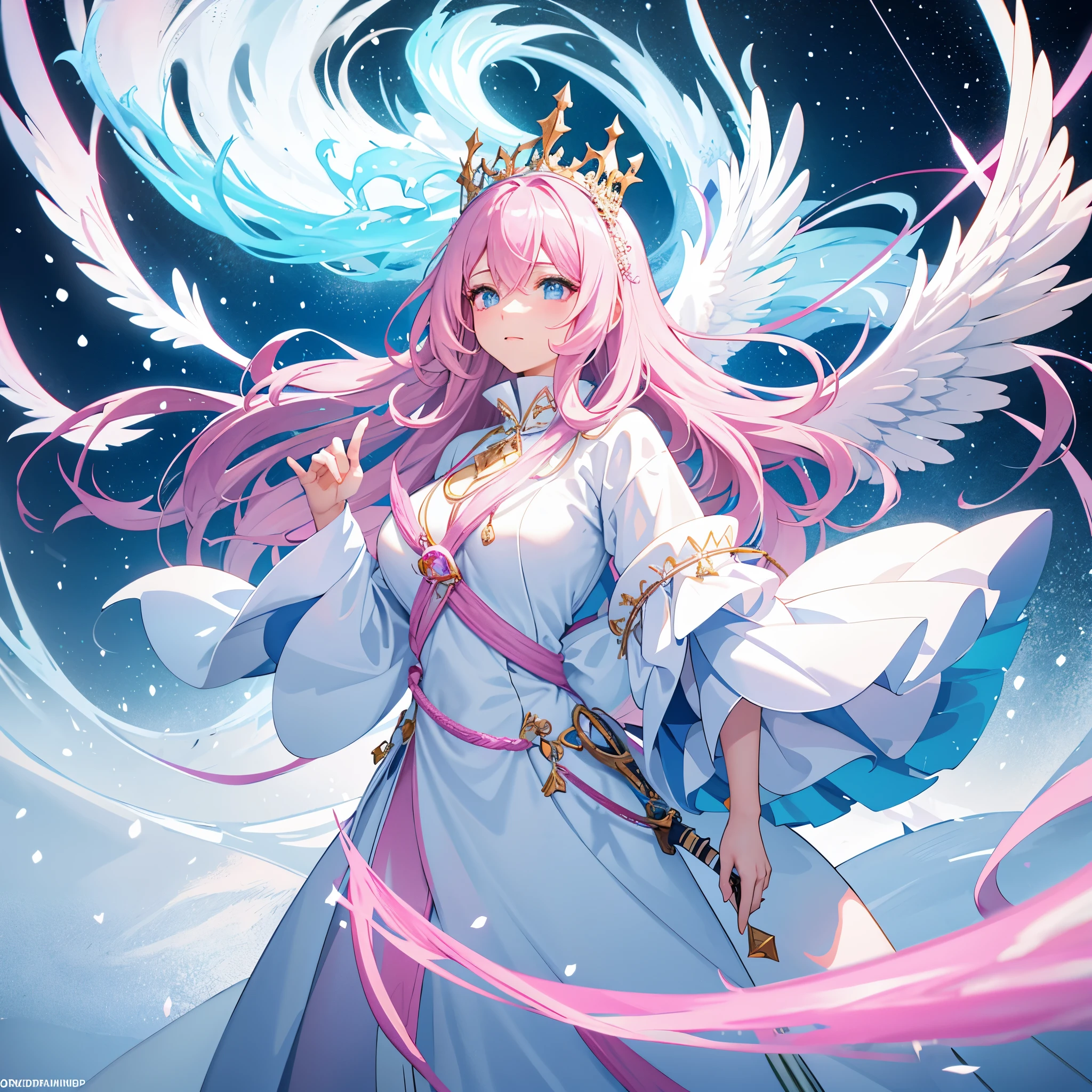 in a world of and snow,a lonely queen,She has pink and blue wavy hair and eyes,Wearing a white hat,There are huge phoenix blue wings on the back,Wearing conservative white robes,The gaze is cold,One-handed sword