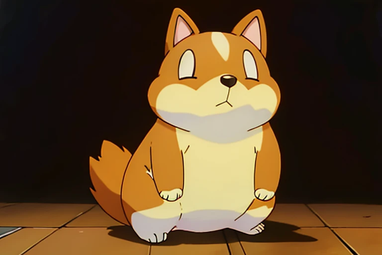 there is a chubby tan and white Pembroke welsh corgi. he is sitting upright with his butt flat on the ground. his paws out like a boxer. it is in the style of a fighting type Pokémon card art. 2d, like the anime.
