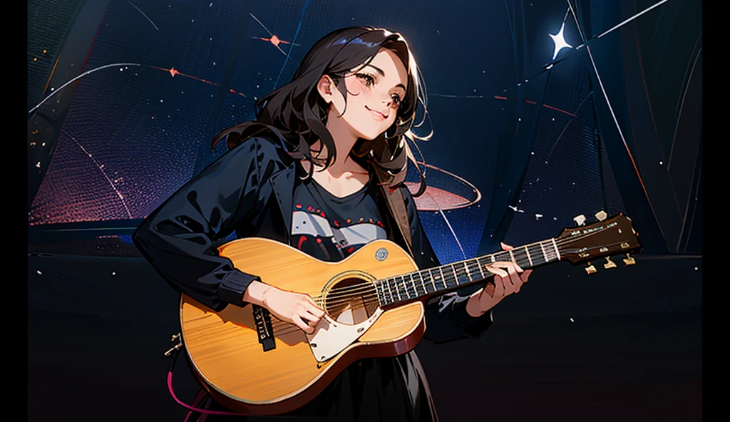 woman with guitar smiling and holding microphone in front of her, inspired by Eva Gonzalès, lorena avarez, carola rubio, playing guitar onstage, jenny seville, fernanda suarez, magda torres gurza, blanca alvarez, julia fuentes, valentina remenar, carmen sings beautifully, alanis guillen, inspired by Verónica Ruiz de Velasco