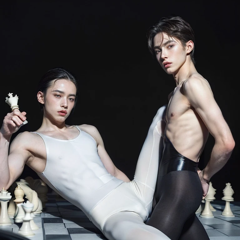 (masterpiece, best quality, dreamlike, hyperrealistic, 2boys, weak androgynous males, ballet tights, male crotch bulge, chess ballet, checkmate, white lost, black pawn takes white king:1.35)