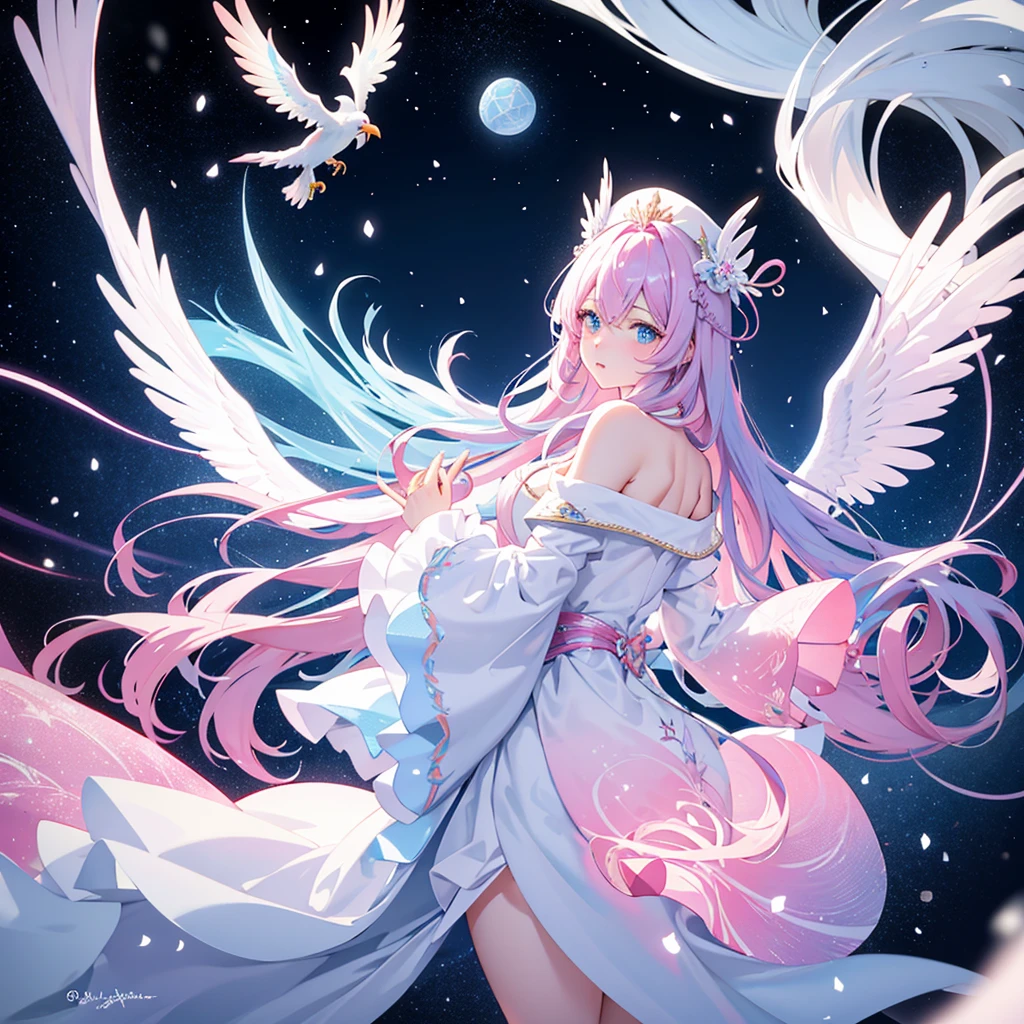 in a world of  and snow，a lonely queen，She has pink and blue wavy hair and eyes，Wearing a white hat，There are huge phoenix blue wings on the back，Wearing conservative white robes，The gaze is cold，one hand holding sword