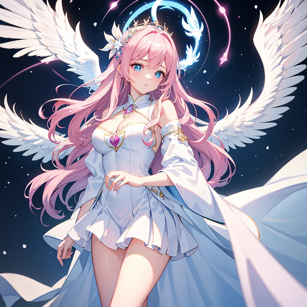 in a world of  and snow，a lonely queen，She has pink and blue wavy hair and eyes，Wearing a white hat，There are huge phoenix blue wings on the back，Wearing conservative white robes，The gaze is cold，one hand holding sword