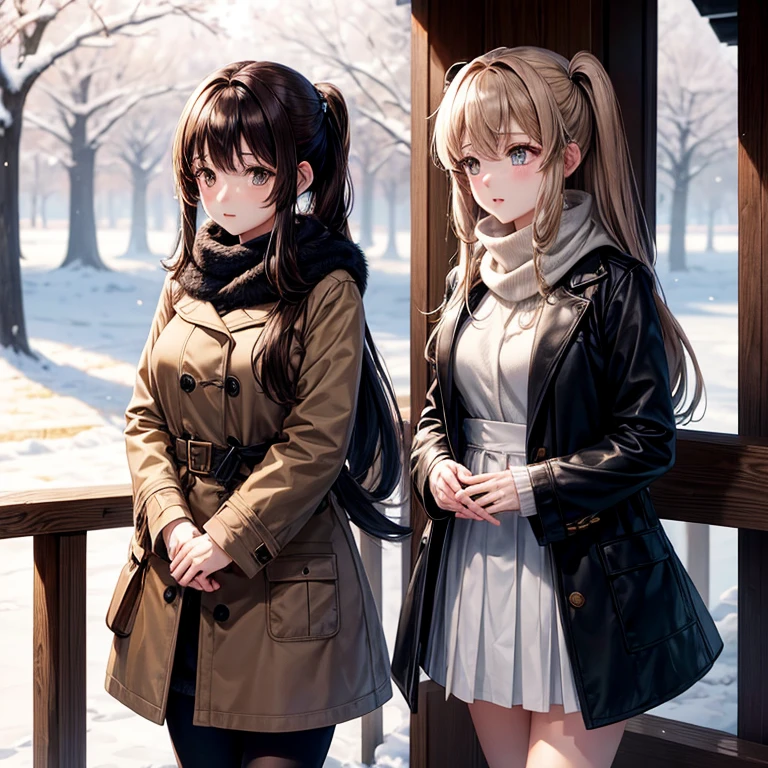 animesque、a beauty girl、poneyTail、Brown hair、a park、brown and black half coat、muffler、Cold face、Winters、White breath、warm sunlight