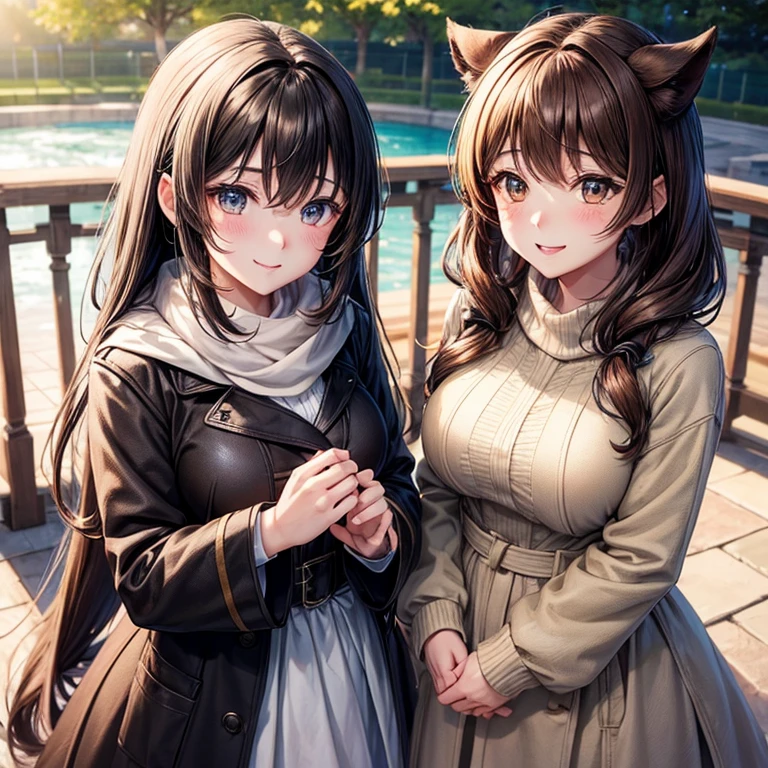 animesque、a beauty girl、poneyTail、Brown hair、a park、brown and black half coat、muffler、Cold face、Winters、White breath、warm sunlight、a smile、Beautiful breasts