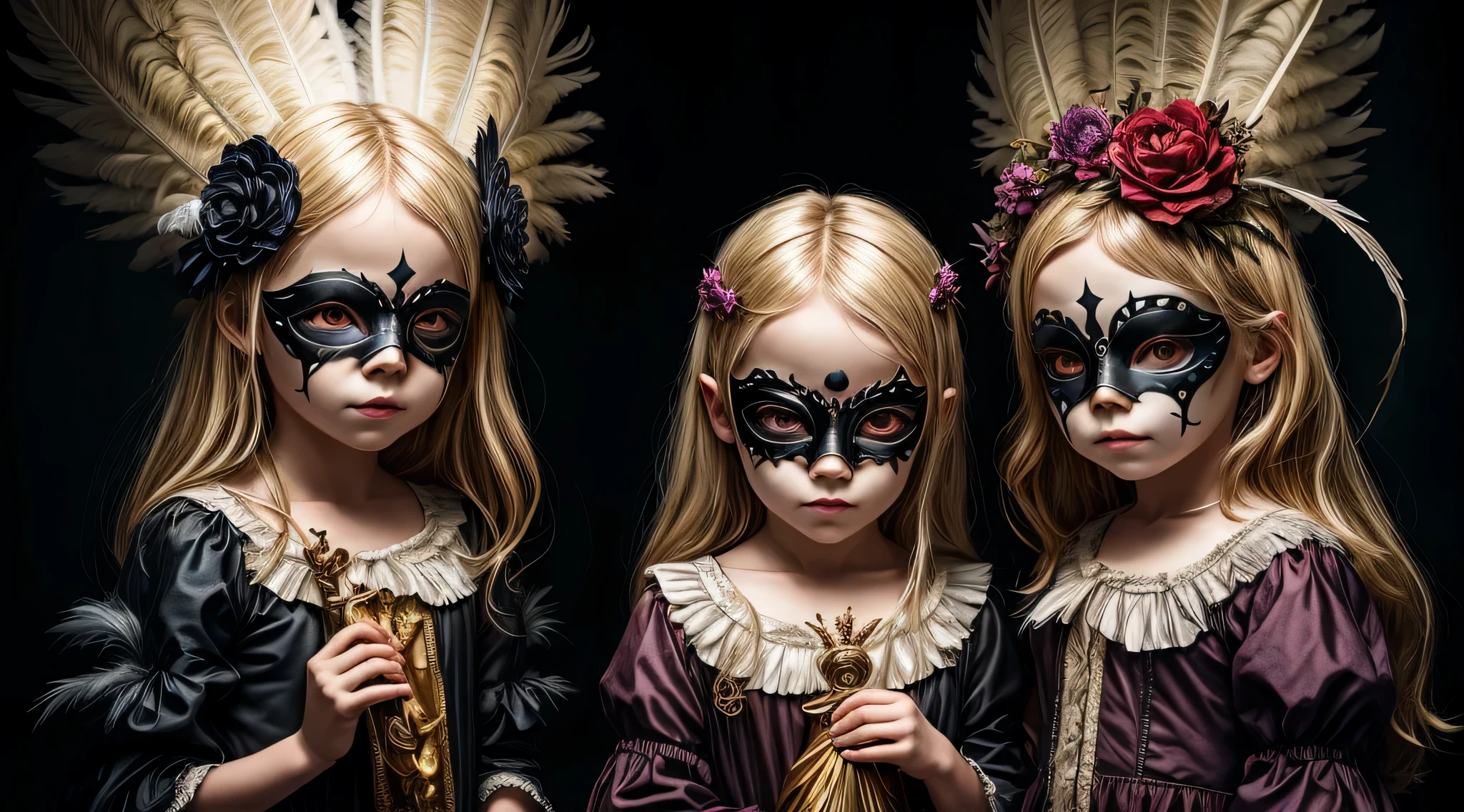 two blonde children dressed in costumes with masks and feathers, fotografia premiada de terror, fotografia de terror, angelic and unsettling, Arte de terror surreal, 2 anjos, imagem assustadora espiritual, fotografia assustadora, , Surrealismo assustador