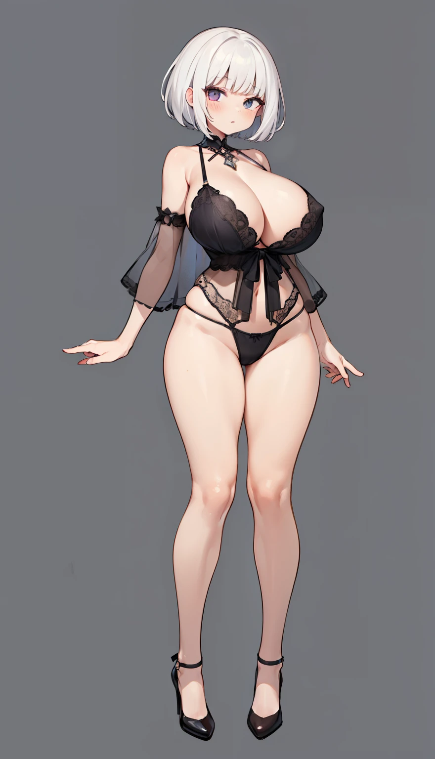 (big breasts, huge breasts), SFW, (short ((white hair))), (lingerie), curvy, thin waist, tall legs, tall girl, slim figure, slim girl, long legs, thin legs, wide hips, slim proportions