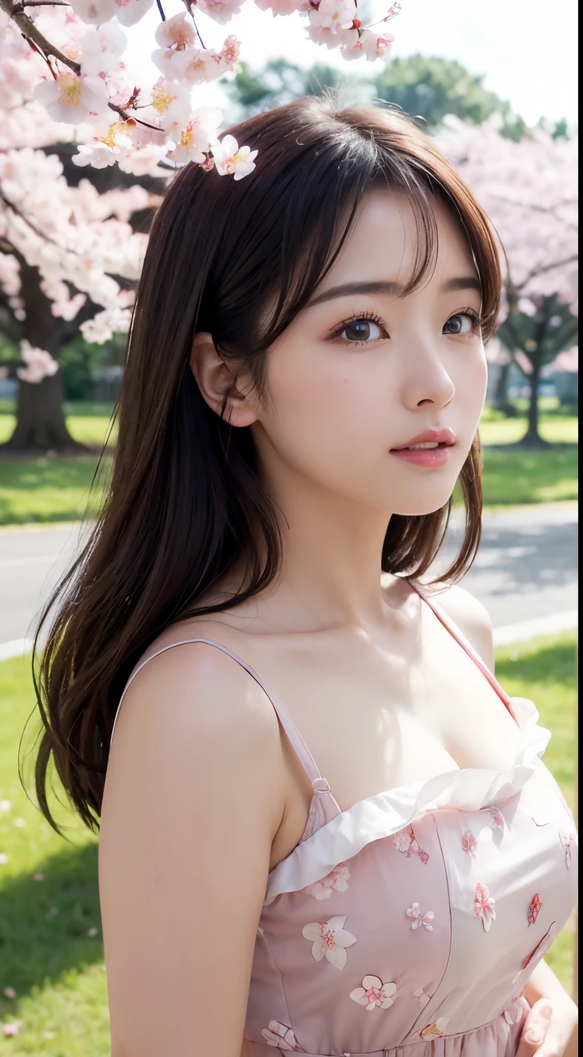 (A logo、masterpiece、8K、masutepiece、Raw photo、Fantastic、Best Quality、フォトリアリスティックでighly detailedな CG 統合 8k 壁紙、hightquality、ighly detailed、epic poem、Particle effect、Dynamic effects、depth of fields、Cinematic Light、Lens Flare、Ray tracing)、Fantasia、 (Beauty 1 person、doress、Dress、Cherry blossom pattern、A dark-haired、Beautiful face、Real Face、beautiful details eyes beautiful skin)、髪がthe windで踊る、Hair flutters in the wind、Hair jumps、Pink cherry blossom tree、Petals flutter、Sakura blizzard、Superb view、morning glow、Sun in the background、the wind、