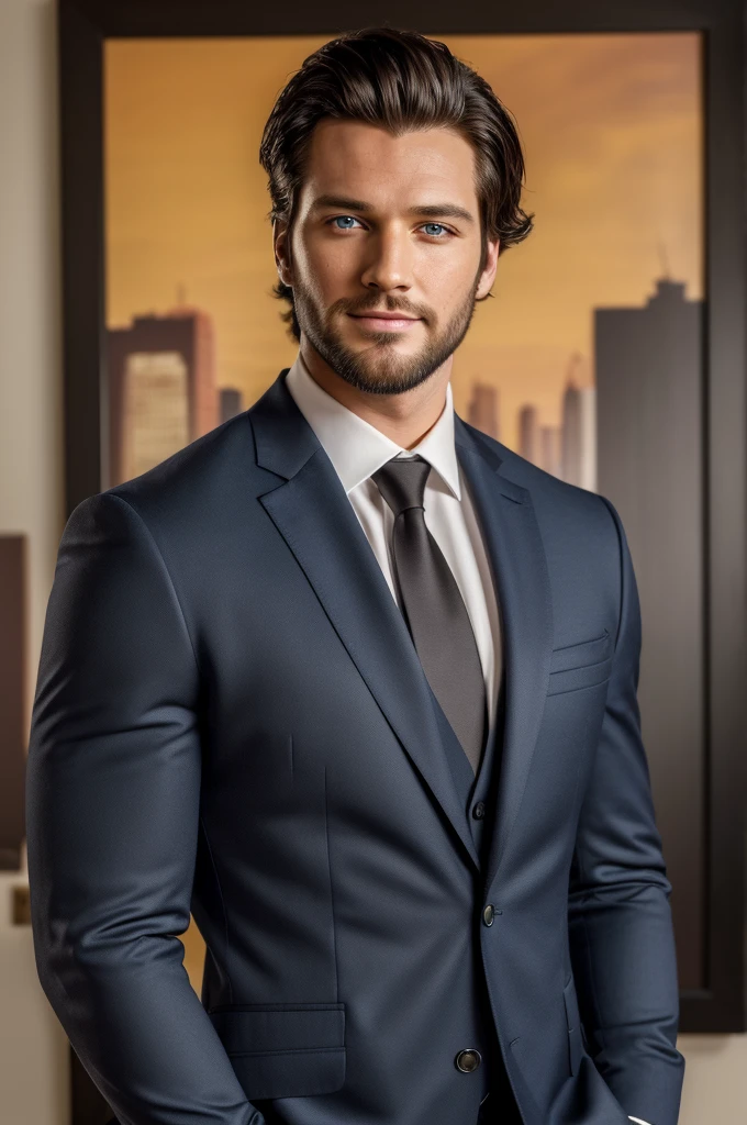 (best quality,4k,8k,highres,masterpiece:1.2),portrait,realistic,actor,celebrity,Josh Upshaw,charming,mesmerizing eyes,stubble,black hair,strong jawline,intense gaze,stylish suit,confident smile,vibrant colors,elegant backdrop,professional lighting