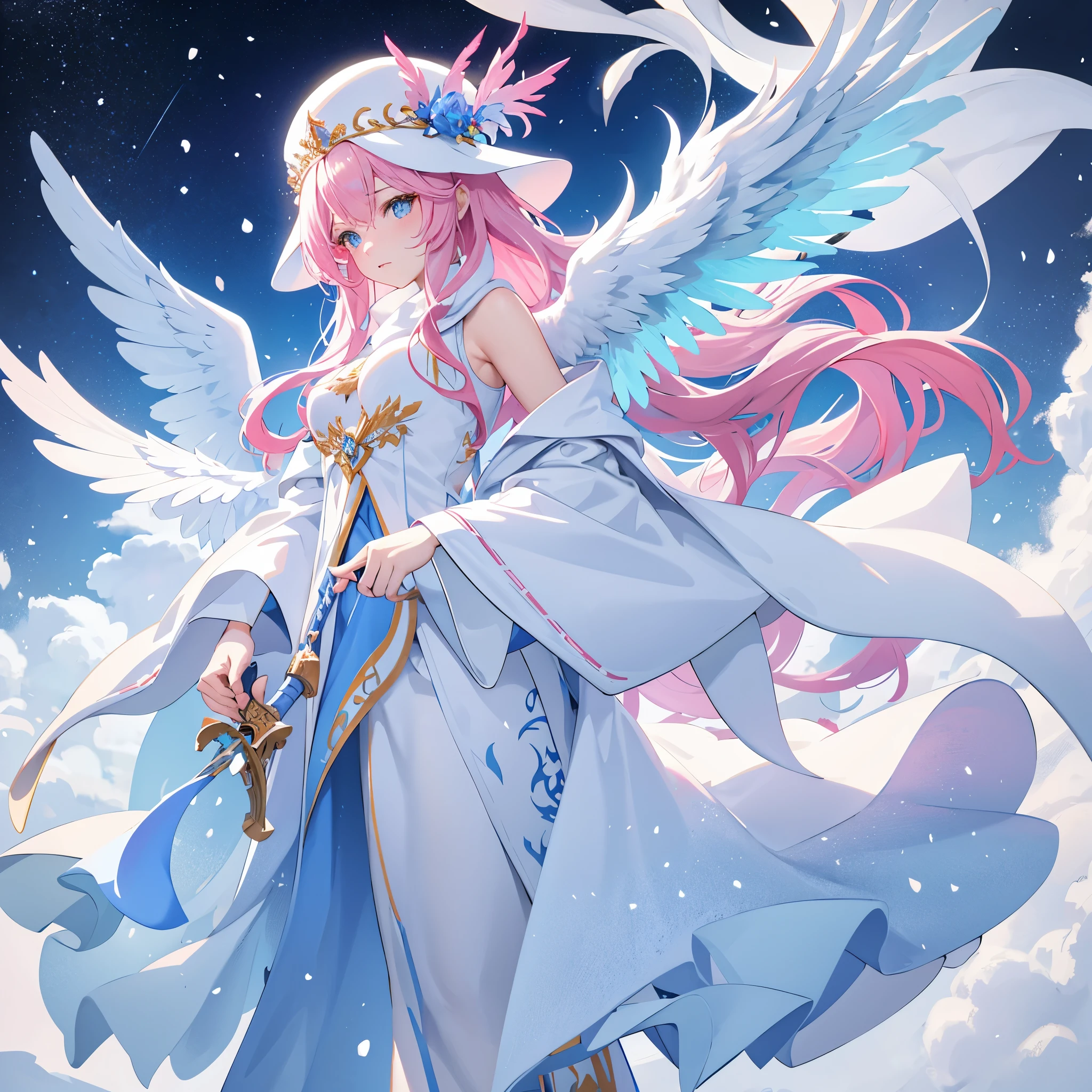 in a world of and snow,a queen,She has pink and blue wavy hair and eyes,Wearing a white hat,There are huge phoenix blue wings on the back,Wearing conservative white robes,aze is cold,one hand holding sword