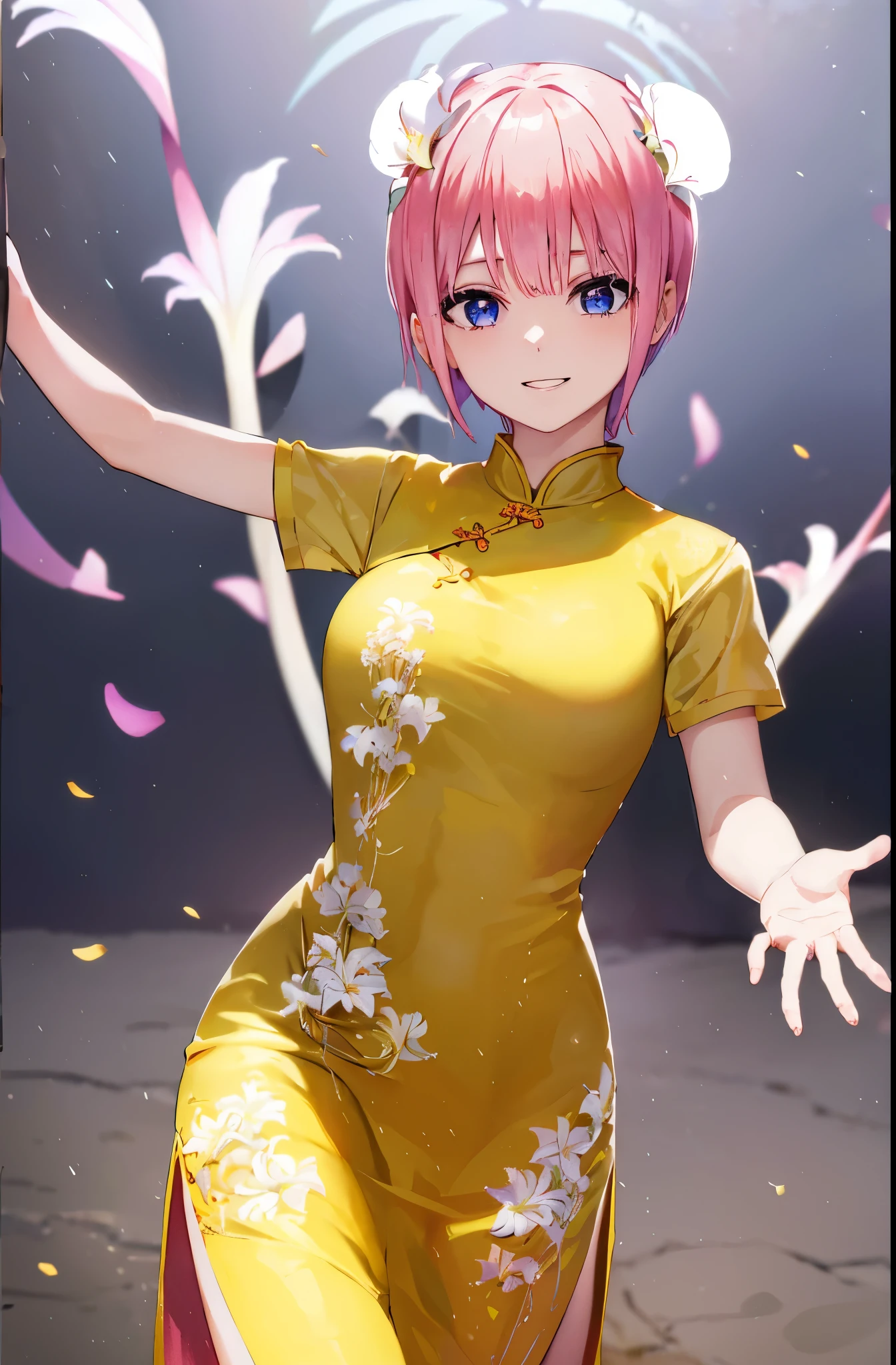 ichikanakano, ichika nakano, Short hair, Bangs, Blue eyes, hair between eye, Pink hair, (Yellow cheongsam:1.3), (White bread cover:1.3), (lily pattern on dress:1.3), shortsleeves, with slit, Best Quality, hight resolution, Unity 8k壁纸, (Beautiful detailed eyes:1.4), extra detailed face, Perfect Lighting, (Perfect hands, Perfect Anatomy), cowboy  shot, School classroom background, The best smile, Dancing
