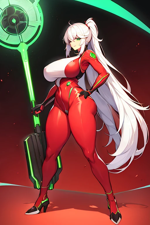 1girl, white hair, long hair, large breasts, breasts, wide hips, green eyes, smile, bodysuit, red bodysuit, red clothes, black trim, sleeveless, futuristic, tech, science-fiction, green neon trim, neon trim, neon, full body, ((full body)),