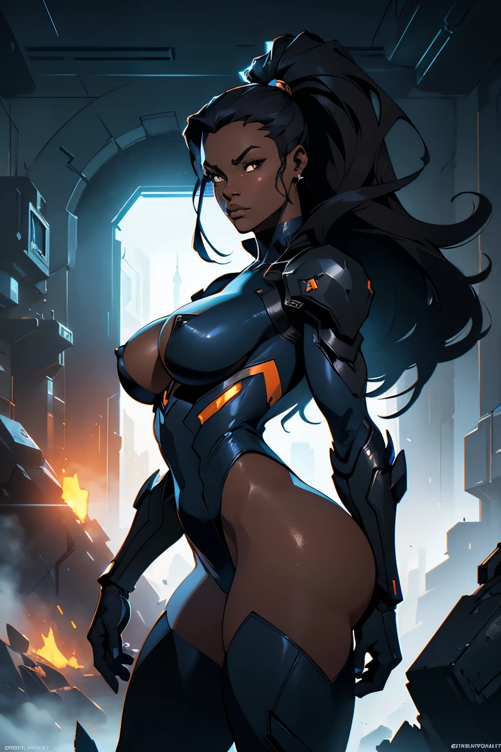 sci-fi, Dark-skinned Demon Queen, NSFW, gordura magra, peitos grandes, quadris grandes, bumbum grande, perfectly proportions, olhos perfeitos, Real-life cores, elegante, foco nítido, hiper-realista, altamente detalhado, RISTY, dramatic lighting, Conceptual resolution Art 8k by Greg Rutkowski Hyper-detailed dynamic lighting Triadic dynamic lighting color splash art trend Artstation Unreal Engine 5, sci-fi