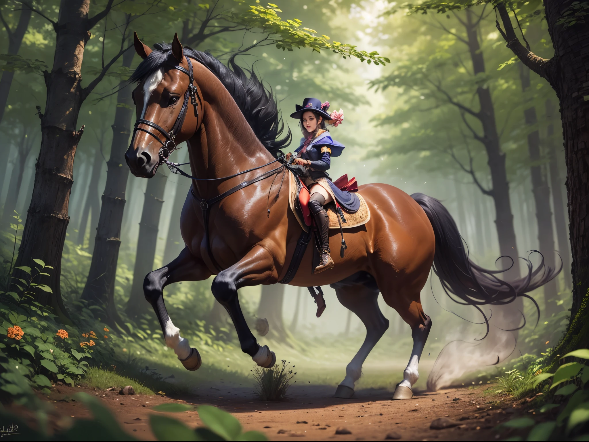 In a magical forest, Princess Sude is on a flashy horse. Wide-angle shooting, low angle, majestic atmosphere, magical environment, soft and warm lighting, complex detailed forest, high resolution --auto --s2