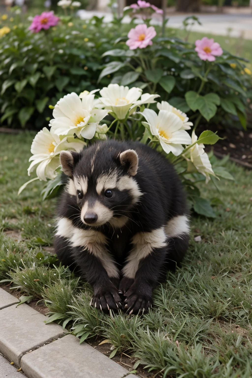 skunk in flower bed