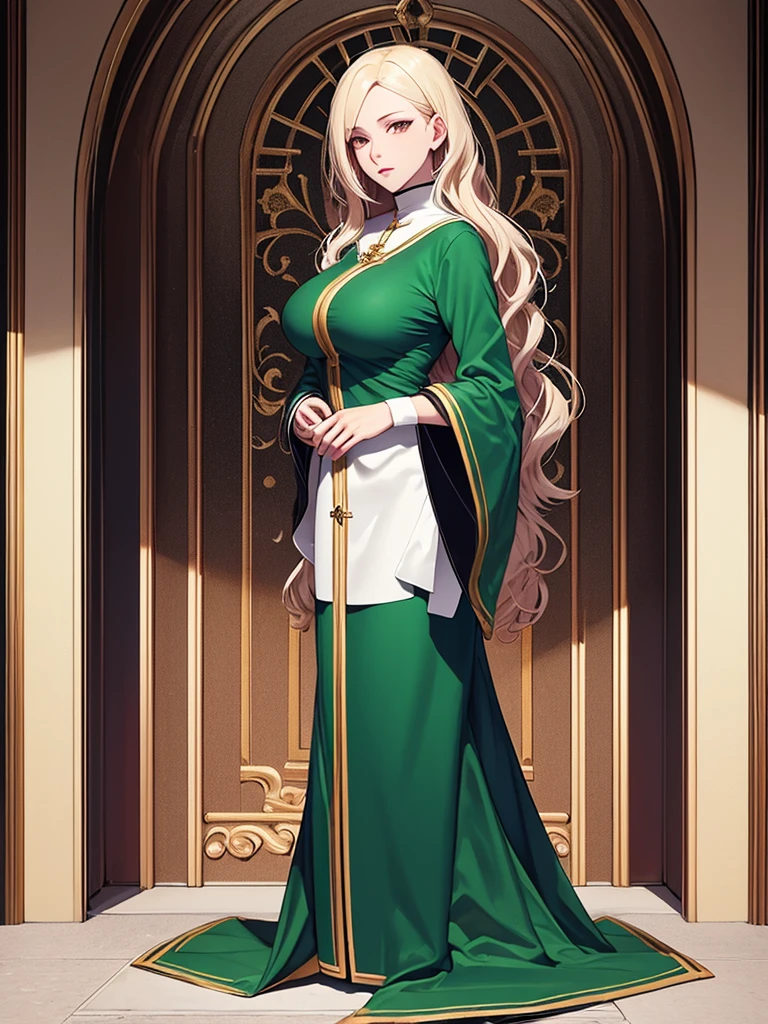 ((Best Quality)), ((masutepiece)), (Detailed), Full body like, Perfect face, very beautiful seductive woman,charming oval face,Double eyelids,platinum-blonde-hair, loose wavy hair, semi long hair, Midori's Eyes, Beautiful breasts, Saint a girl, white clergy robes, Gold decoration,Graceful standing