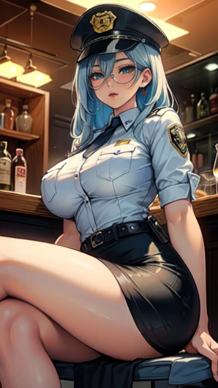 Masterpiece, beautiful art, professional artist, 8k, art style by sciamano240, very detailed face, very detailed hair, very detailed clothes, very detailed fabric, 1girl, perfectly drawn body, beautiful face, long hair, light blue hair , very detailed blue cat eyes, wearing a police uniform, pencil skirt, glasses, high heels, leg wear, pouty lips , rosey cheeks, detailed background , intricate details in eyes, sitting at the bar, day time, having a drink,