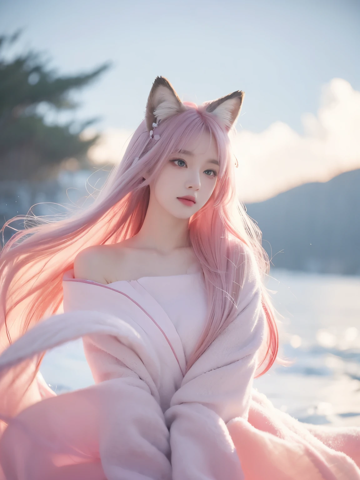 Nine snow-white fox tails (1.0), Milky white fox tail (1.0), Close-up of the nine-tailed fox, Nine tails, Nine tails, animemanga girl,A pink-haired,pinkdress,There are flowers on the hair, very Beautiful anime fox girl, Beautiful anime fox girl, Beautiful fantasy anime, guweiz, 狐狸耳朵的animemanga girl, 美丽的animemanga girl, Very beautiful and cute fox girl, pink flower rain, The background is blurred out, Anime style 4k, Anime fantasy artwork, 4k anime wallpapers, Gouves style artwork
