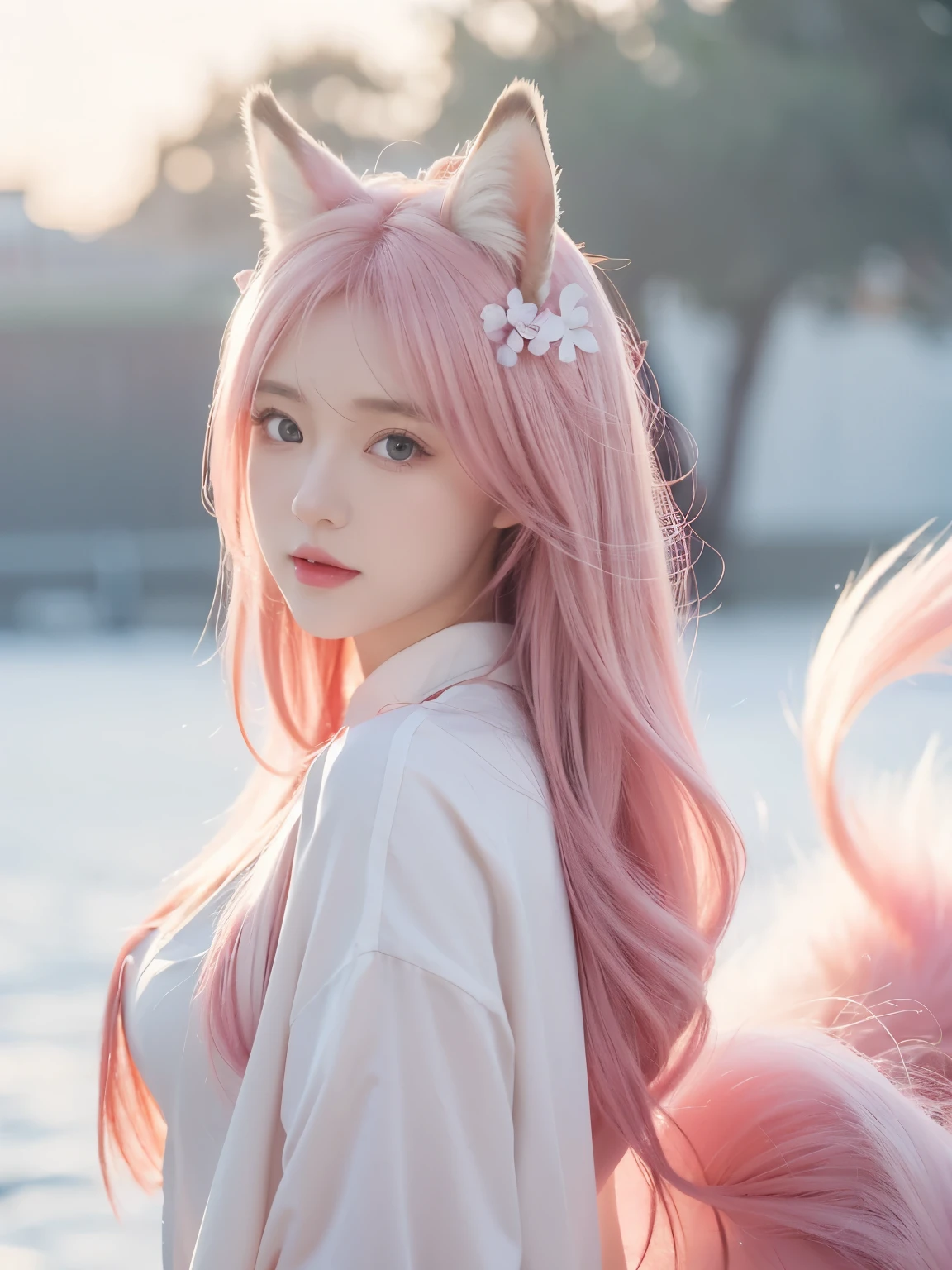 Nine snow-white fox tails (1.0), Milky white fox tail (1.0), Close-up of the nine-tailed fox, Nine tails, Nine tails, animemanga girl，A pink-haired，pinkdress，There are flowers on the hair, very Beautiful anime fox girl, Beautiful anime fox girl, Beautiful fantasy anime, guweiz, 狐狸耳朵的animemanga girl, 美丽的animemanga girl, Very beautiful and cute fox girl, pink flower rain, The background is blurred out, Anime style 4k, Anime fantasy artwork, 4k anime wallpapers, Gouves style artwork