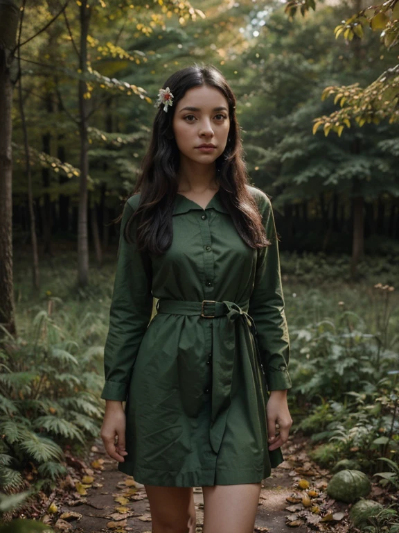 Potrait, Female person, light skin, black hair, green eyes. wearing House dress flower motif , Standing in the autumn forest, photography ,32K