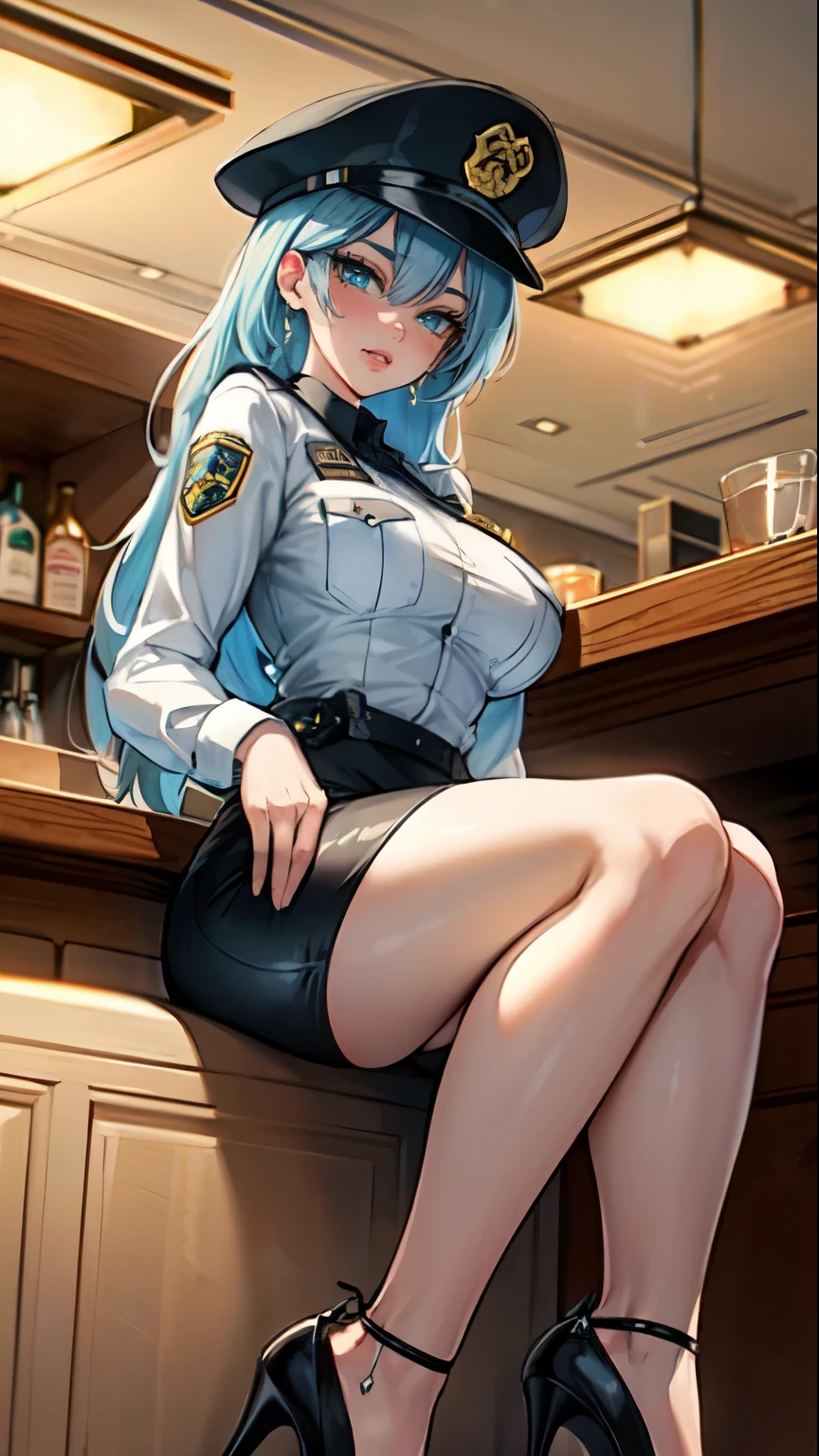 Masterpiece, beautiful art, professional artist, 8k, art style by sciamano240, very detailed face, very detailed hair, very detailed clothes, very detailed fabric, 1girl, perfectly drawn body, beautiful face, long hair, light blue hair , very detailed blue cat eyes, wearing a police uniform, pencil skirt, glasses, high heels, leg wear,  pouty lips , rosey cheeks, detailed background , intricate details in eyes, sitting at the bar, day time, having a drink, full body view,