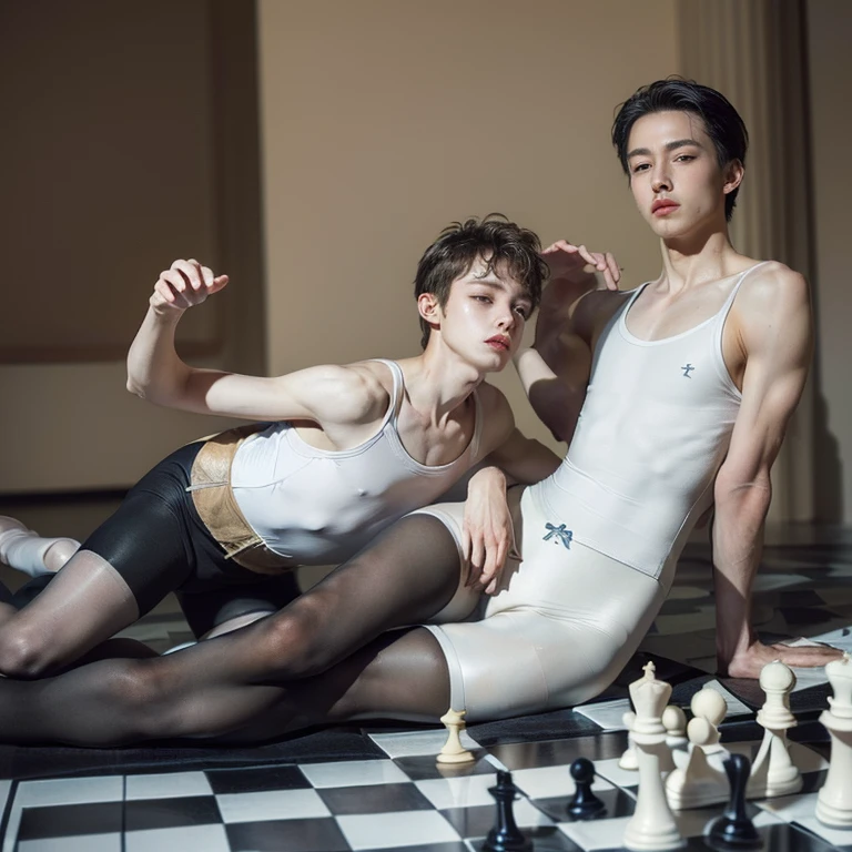 (masterpiece, best quality, dreamlike, hyperrealistic, 2boys, weak androgynous males, ballet tights, male crotch bulge, chess ballet, checkmate, white lost, black pawn takes white king:1.35)