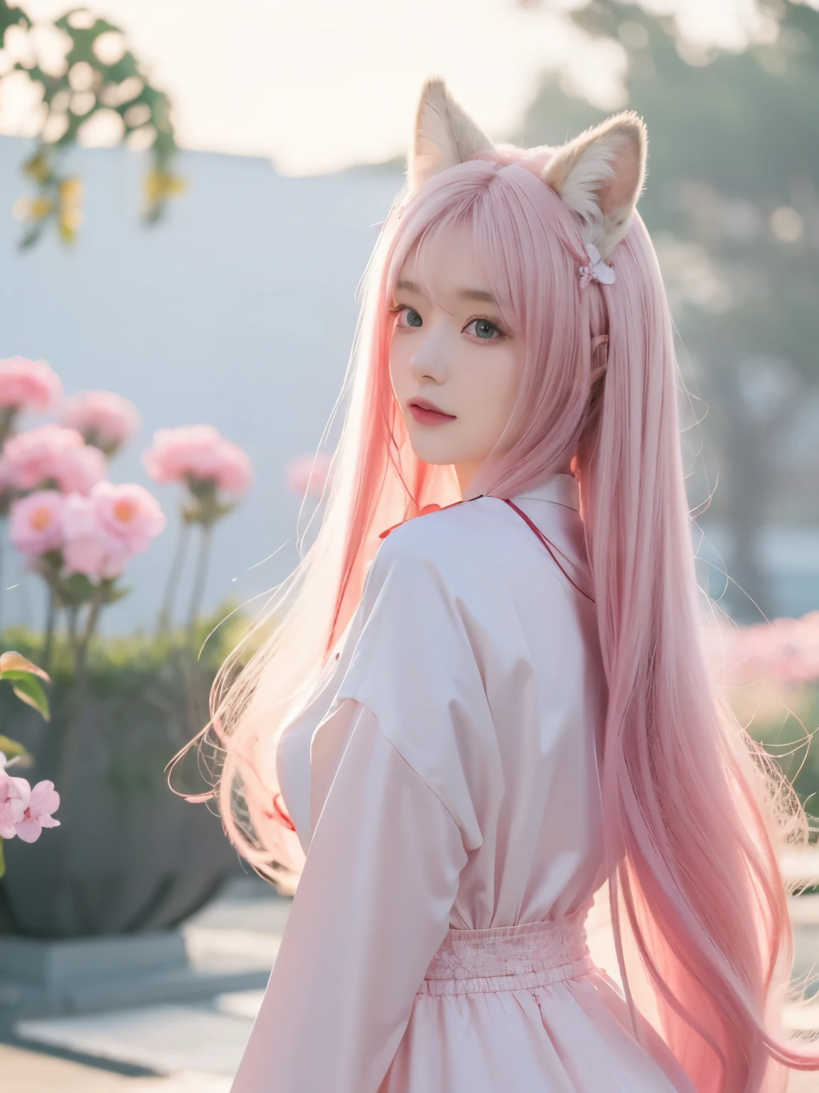 Nine snow-white fox tails (1.0), Milky white fox tail (1.0), Close-up of the nine-tailed fox, Nine tails, Nine tails, animemanga girl,A pink-haired,pinkdress,There are flowers on the hair, very Beautiful anime fox girl, Beautiful anime fox girl, Beautiful fantasy anime, guweiz, 狐狸耳朵的animemanga girl, 美丽的animemanga girl, Very beautiful and cute fox girl, pink flower rain, The background is blurred out, Anime style 4k, Anime fantasy artwork, 4k anime wallpapers, Gouves style artwork