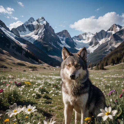 professional photos of a wolf among flowers, mountains in background :: highly detailed,shot on Hasselblad X1D-50c,ISO 100 --ar 3:2 --q 2 --v 4 -
