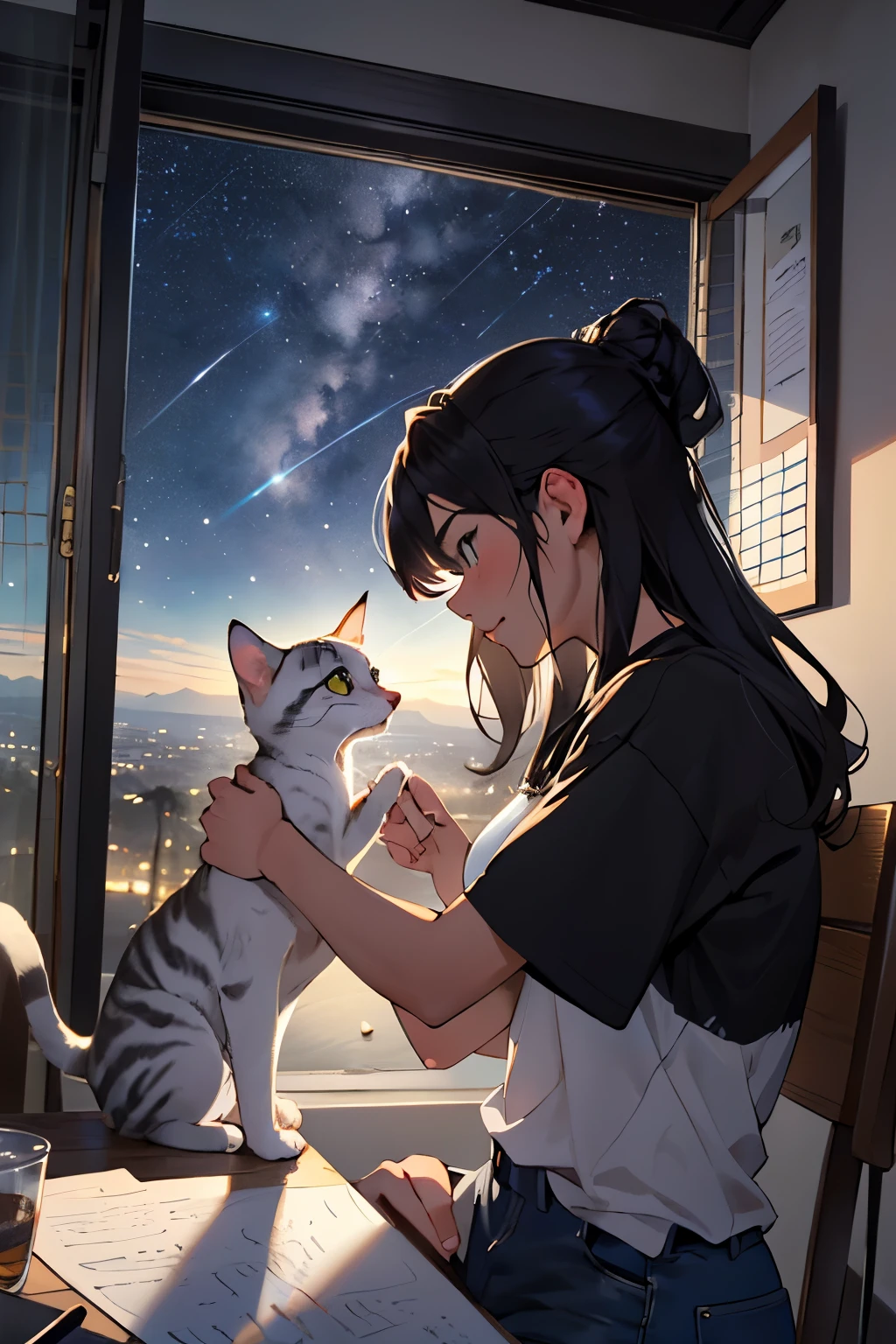 ((La mejor calidad)), ((Obra maestra)), (Detallado),  girl, apoyada en un escritorio, petting her little white kitten, es de noche, el cielo esta lleno de estrellas