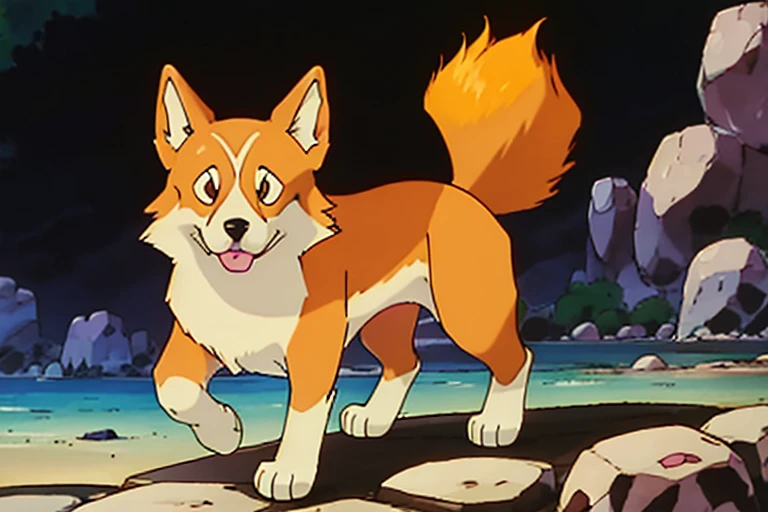 there is a tan and white welsh corgi in the style of a fire type Pokémon.
